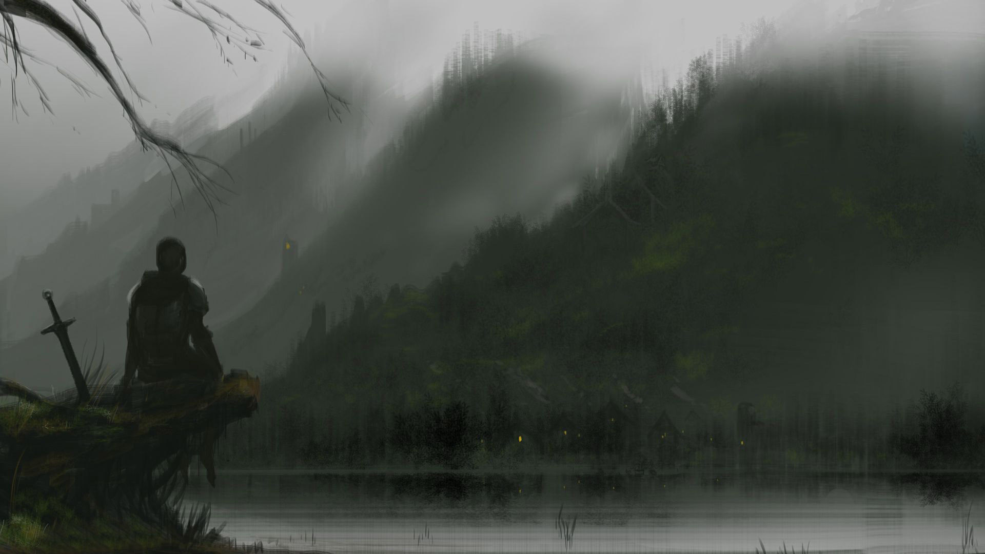 Cavaliere, Spada, Lago, Nebbia, Foresta, 16:9 Full HD, wallpaper widescreen