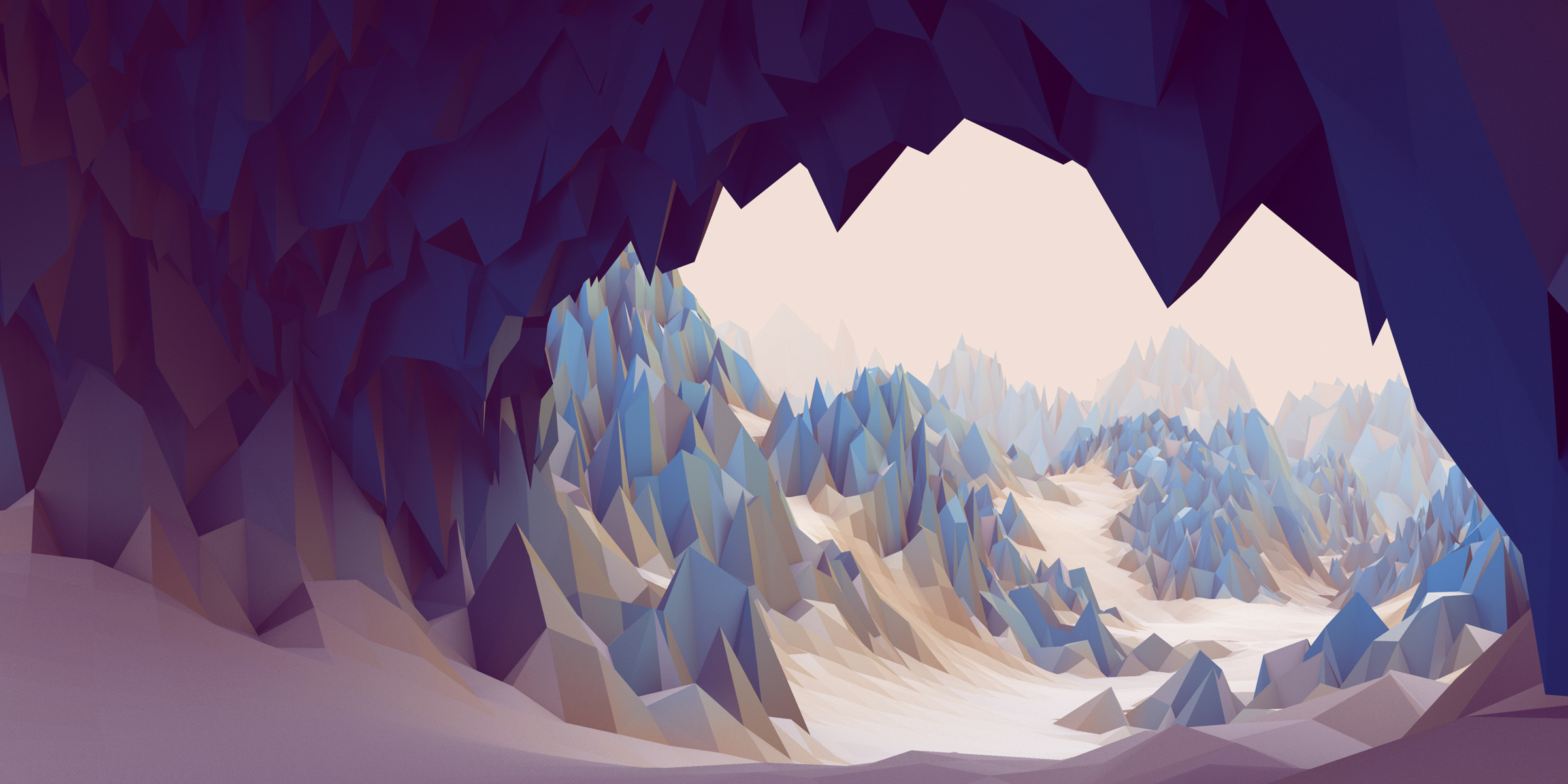 Low poly, Grotta, Montagne, Neve, Full HD, sfondo per portatile