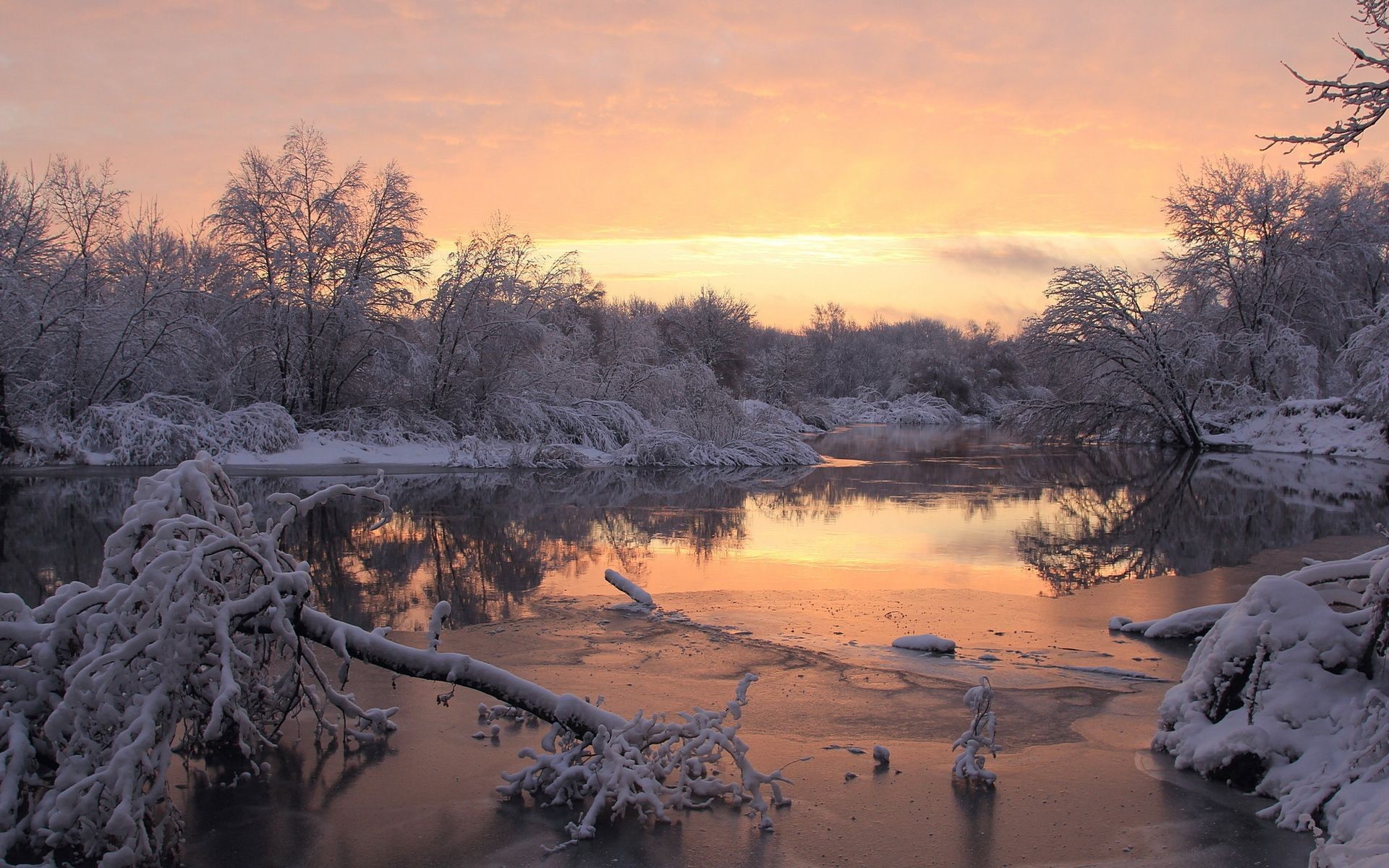 Fiume, Alberi innevati, Tramonto, Neve, Full HD, sfondo per PC e portatile