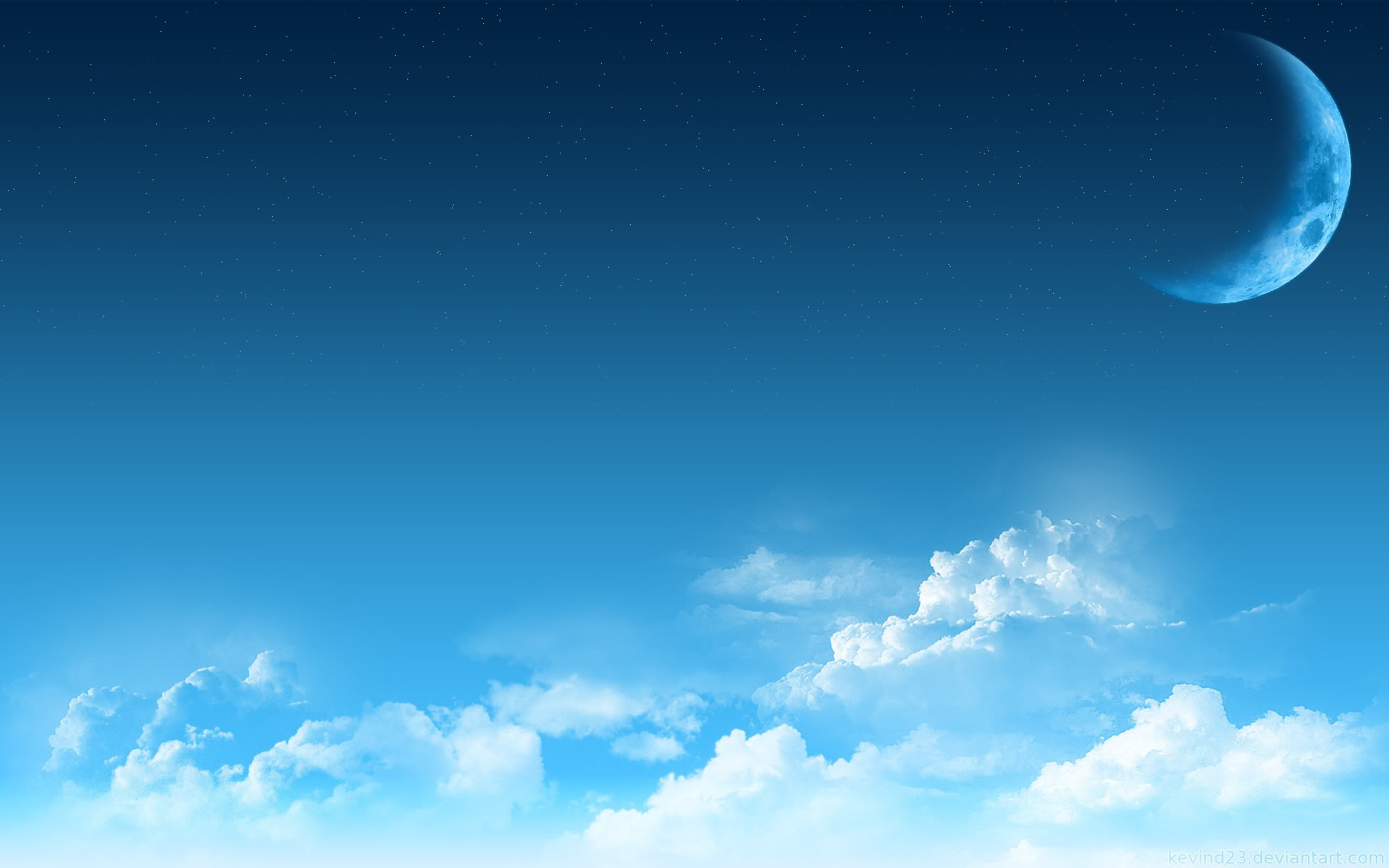 Luna crescente, Cielo blu, Nuvole, Stile anime, 1920x1200, sfondo per PC
