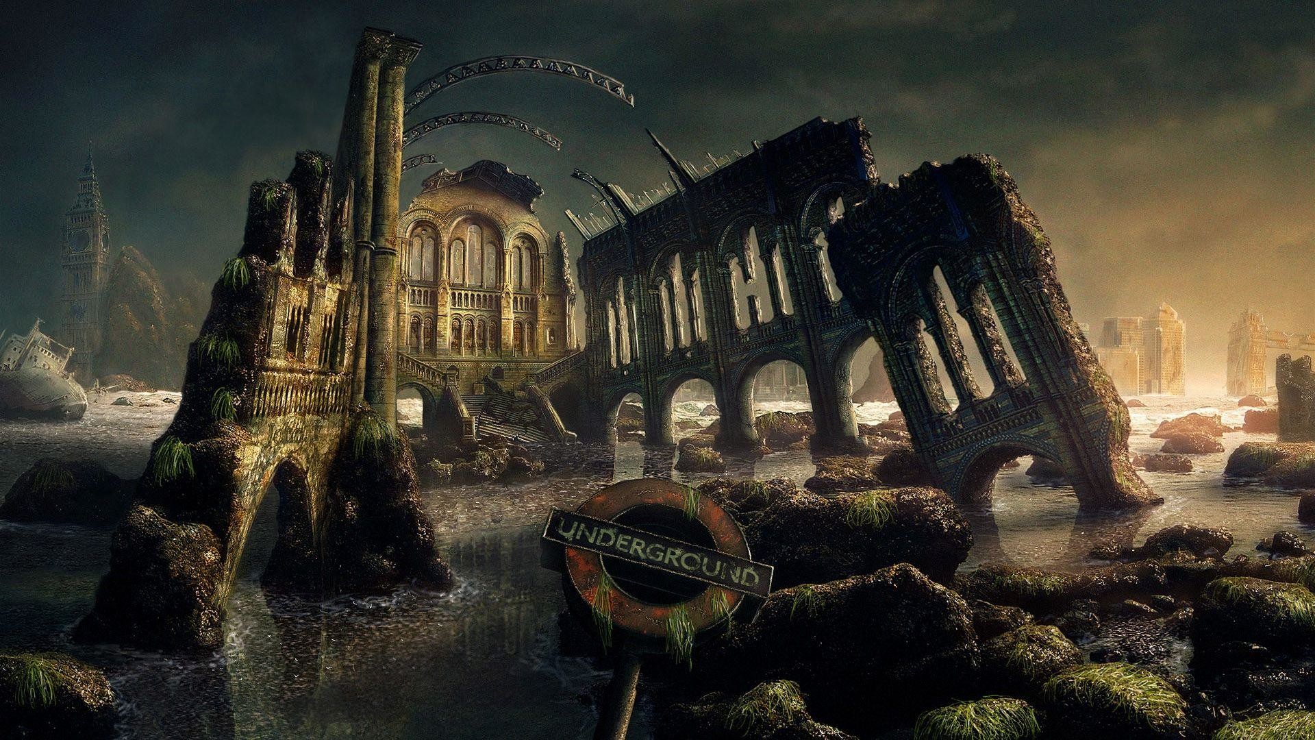 London Underground, Rovine, Post-apocalittico, Fantasy, Surreale, Acqua, wallpaper per portatile