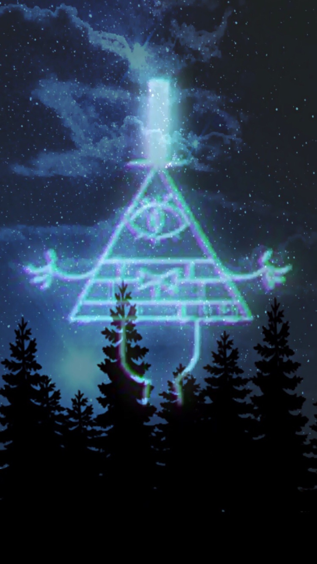Bill Cipher, Gravity Falls, Foresta di notte, Neon blu, Full HD, wallpaper per smartphone