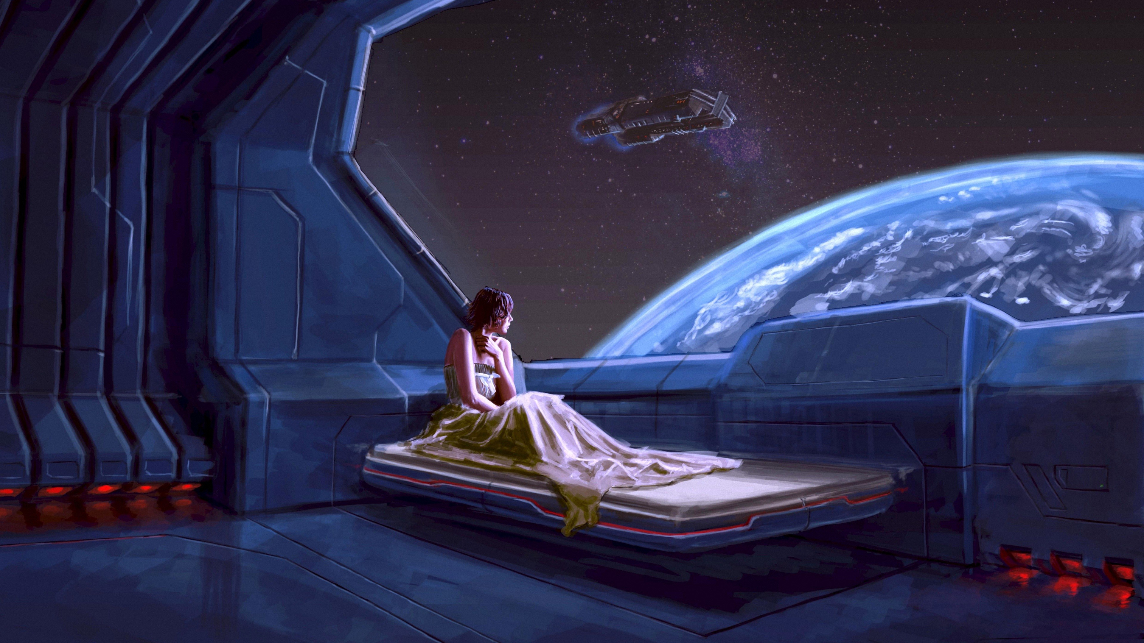 Ragazza, Astronave, Finestra, Terra, 4K, sfondo per portatile