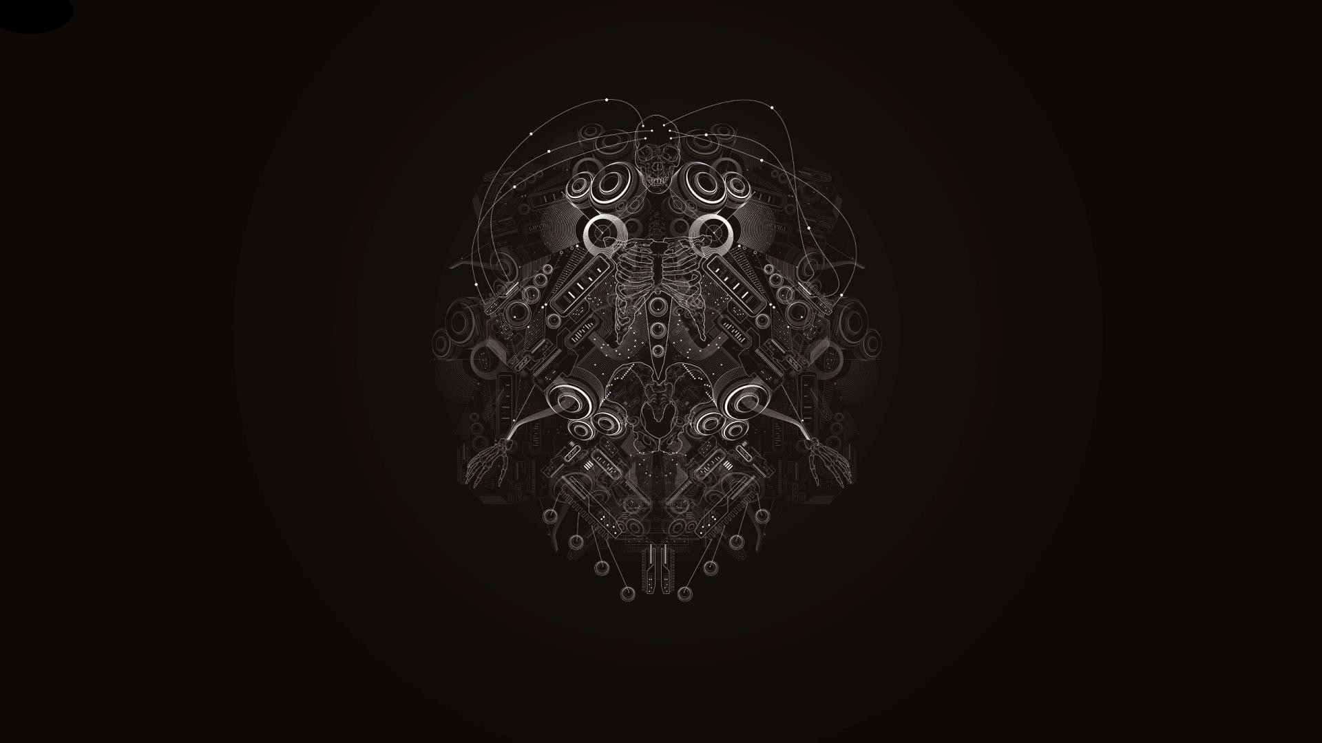 Teschio meccanico, Sfondo nero, Ingranaggi, Full HD, wallpaper per computer