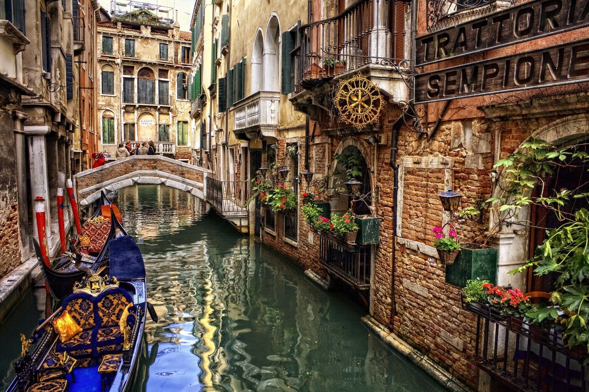Venezia, Canale, Gondola, Ponte, Fiori, Full HD, sfondo per PC e portatile