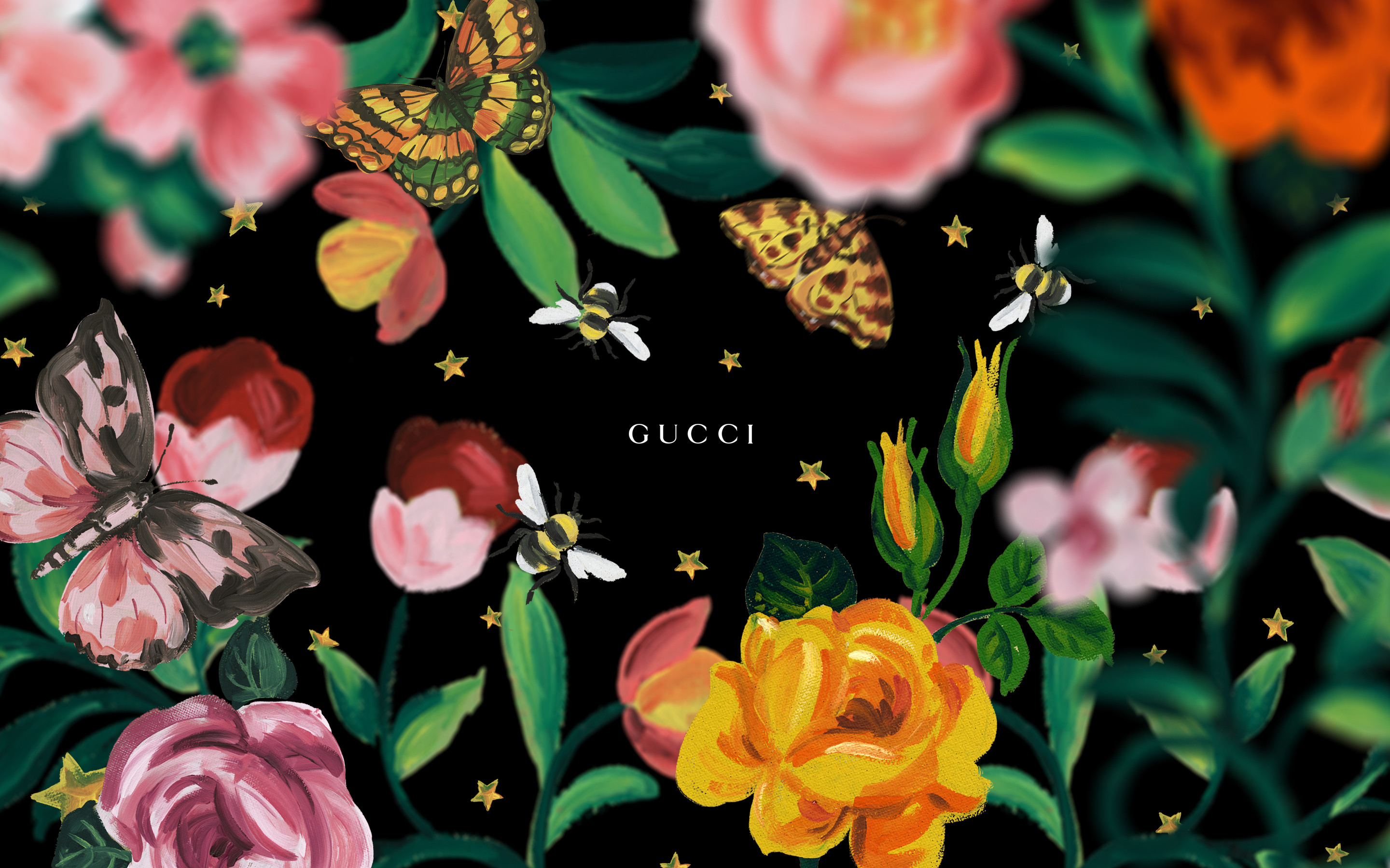Gucci, Farfalle, Api, Rose, Motivo floreale, 2K, sfondo Windows 11