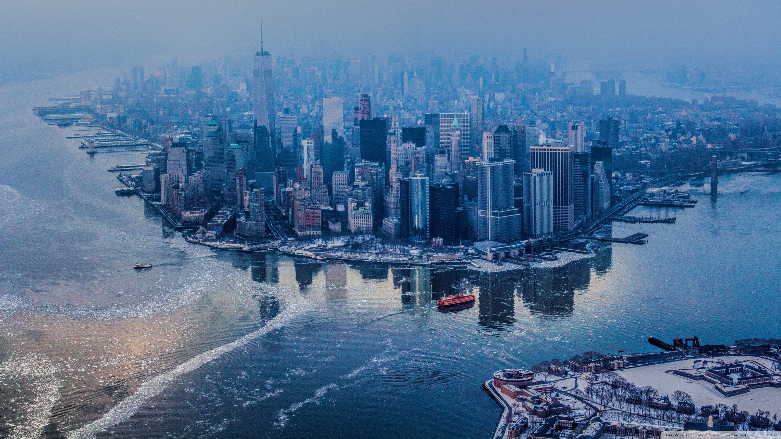 Manhattan, Vista aerea, Inverno, Hudson River, 2K, sfondo per PC e portatile