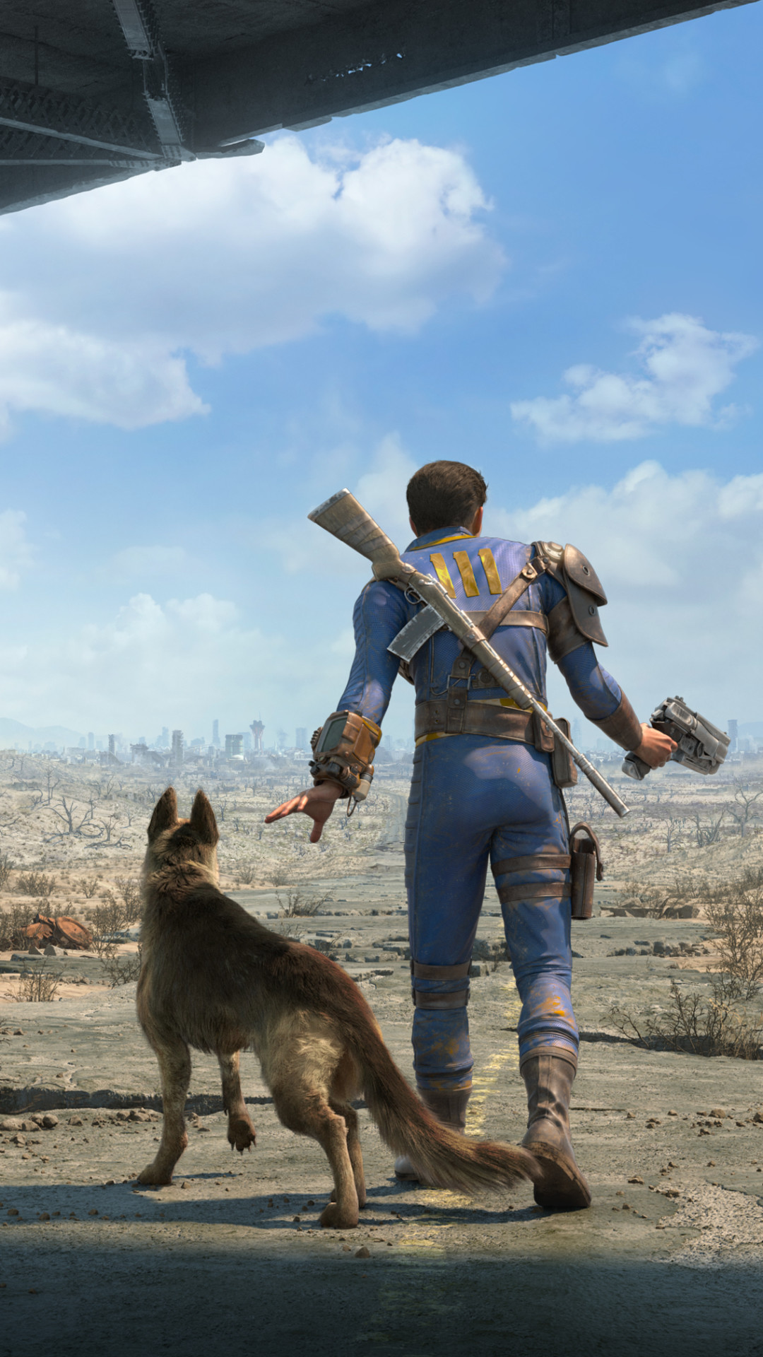 Unico Sopravvissuto, Dogmeat, Fallout 4, Cielo azzurro, Full HD, sfondo verticale per cellulare