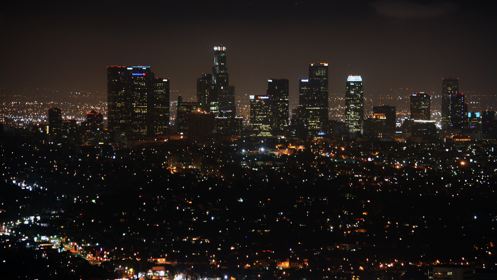 Downtown Los Angeles, Notte, Skyline, Luci della città, 1920x1080, sfondo per PC