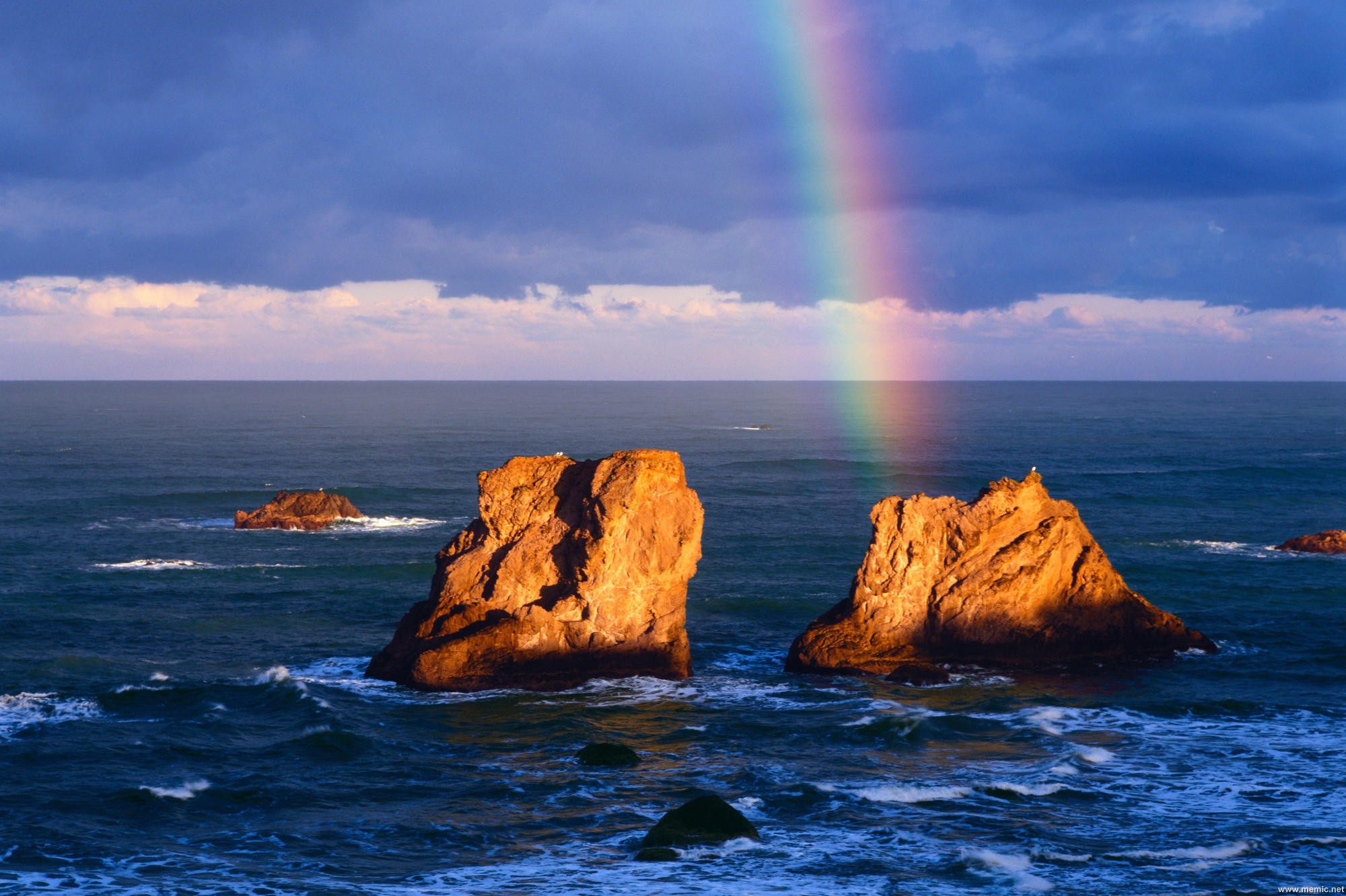 Arcobaleno, Mare, Scogli, Tramonto, Full HD, sfondo per PC