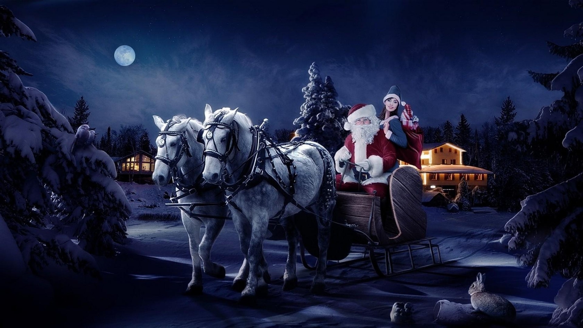 Babbo Natale, Carrozza, Cavalli, Notte, Neve, Full HD, wallpaper per PC