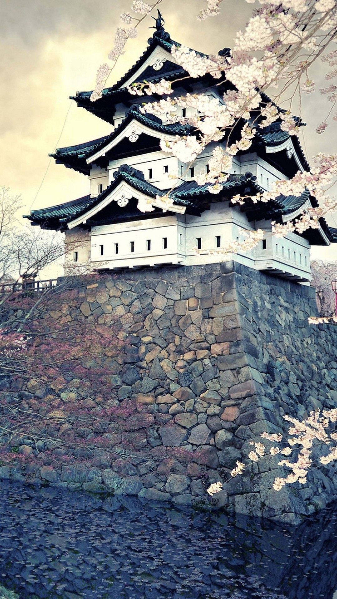 Castello giapponese, Castello di Hirosaki, Ciliegi in fiore, Giappone, schermata di blocco smartphone