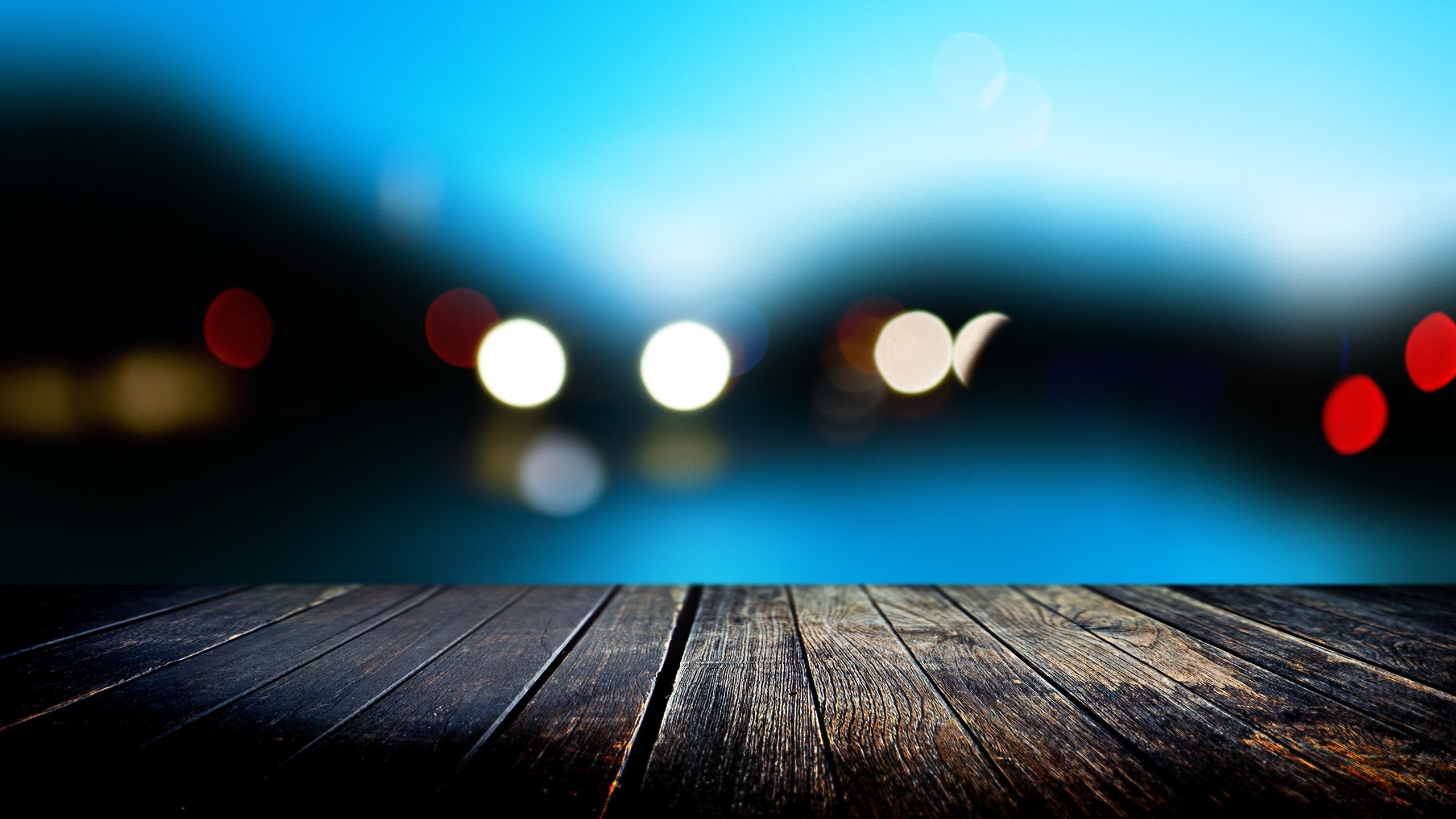 Bokeh, Pavimento in legno, Luci, Blu, 2K, sfondo per PC e portatile
