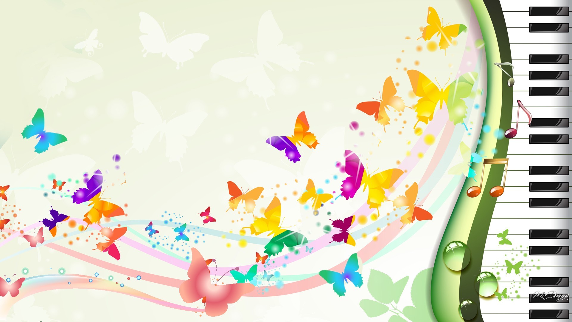 Farfalle colorate, Tastiera di pianoforte, Arte vettoriale, Full HD, sfondo per PC e portatile