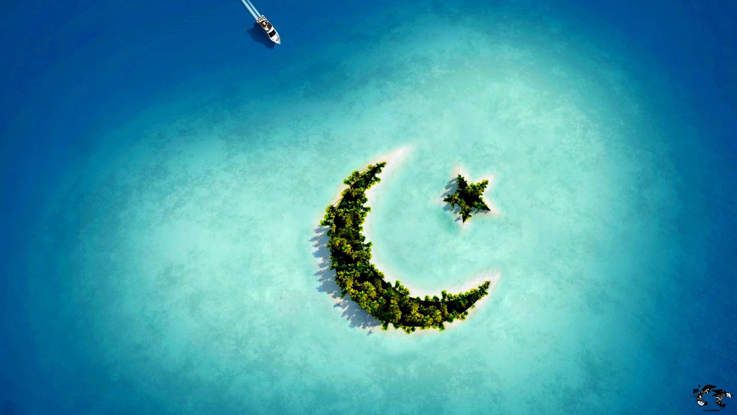 Isola a mezzaluna, Stella, Mare turchese, Vista aerea, 2560x1440, sfondo per PC
