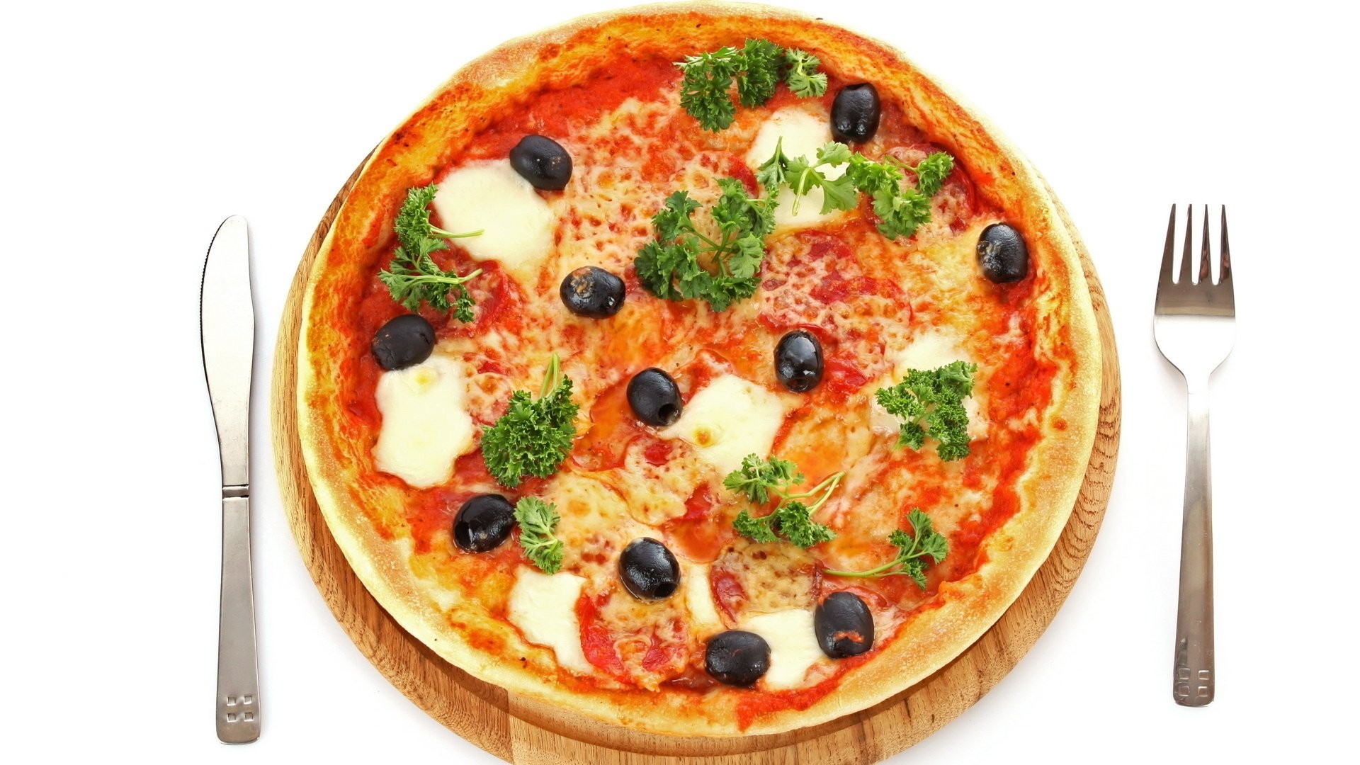 Pizza, Olive nere, Mozzarella, Coltello e forchetta, Full HD, sfondo per portatile