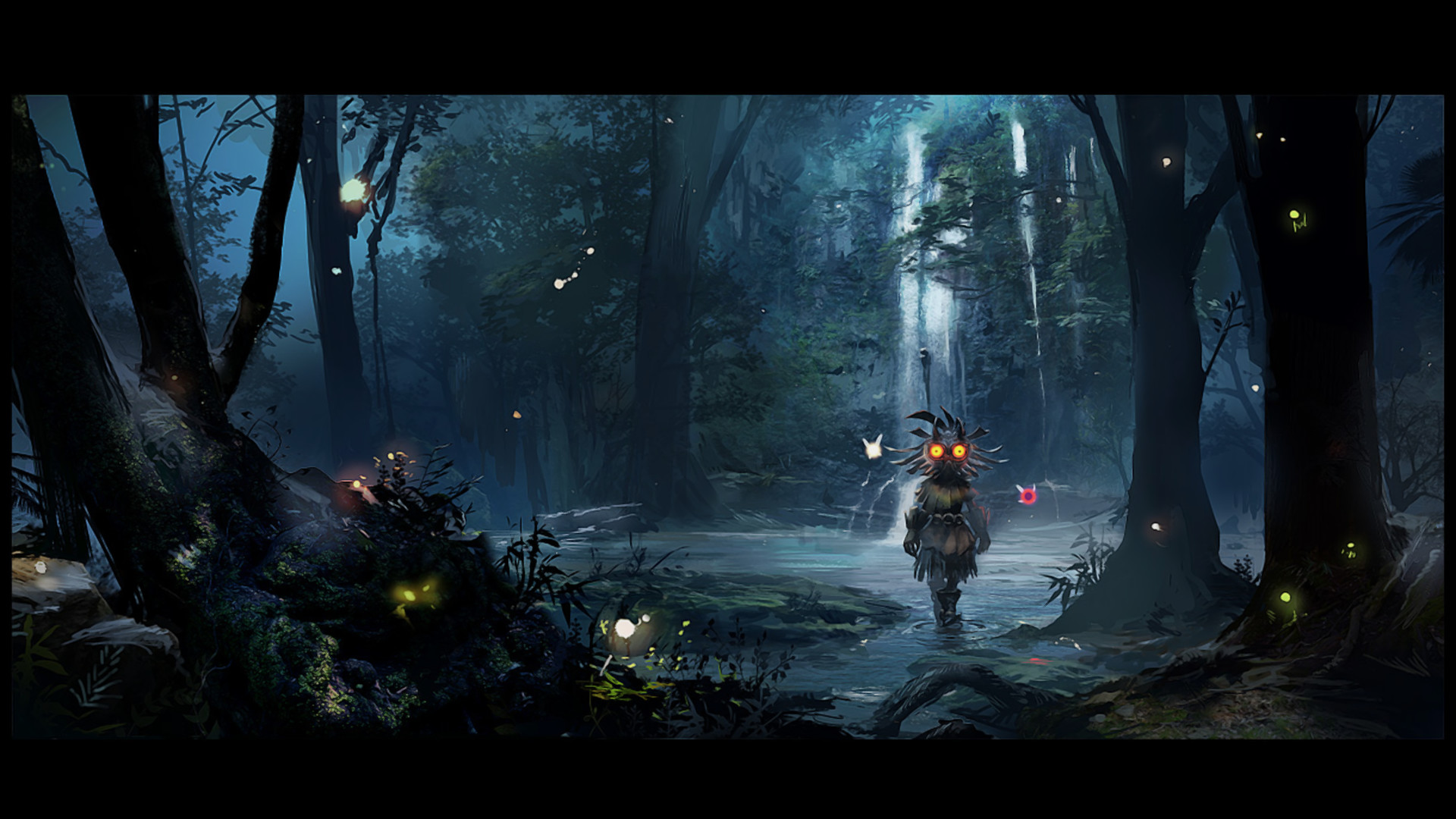 Skull Kid, The Legend of Zelda: Majora's Mask, Foresta, Notte, Lucciole, sfondo 16:9 Full HD