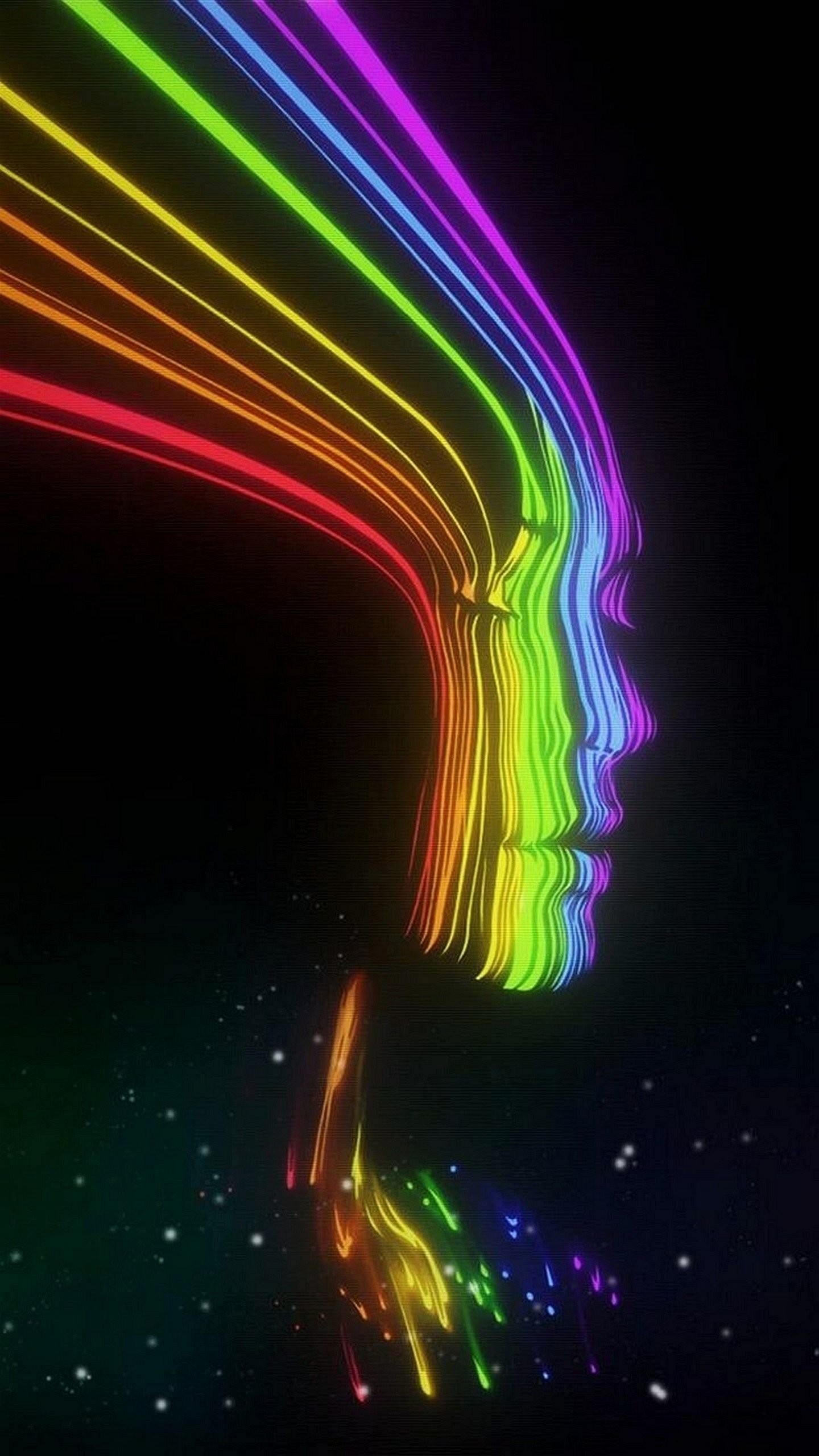 Profilo di volto, Linee arcobaleno, Neon, Sfondo nero, QHD+, schermata di blocco del cellulare