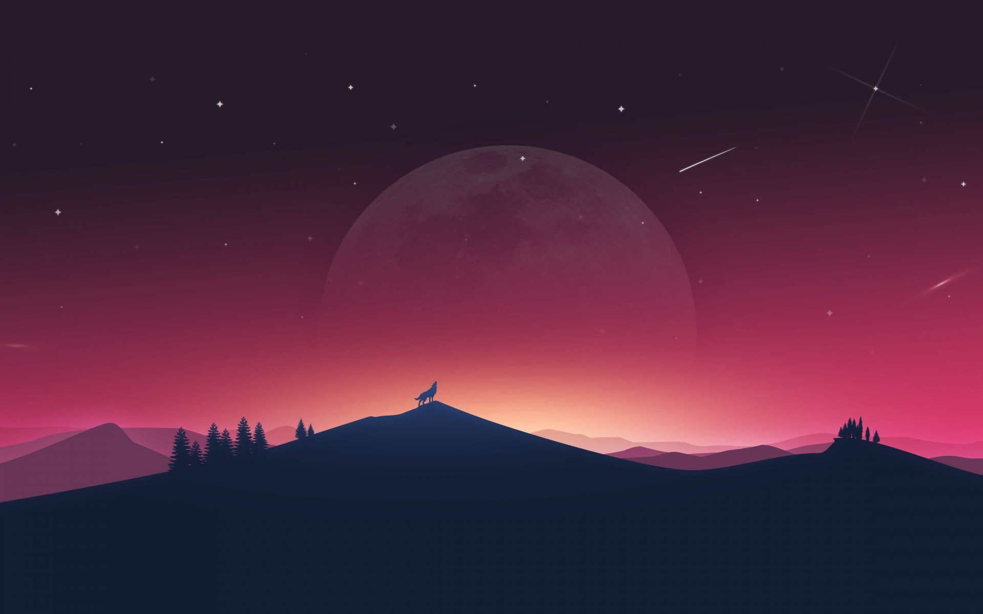 Notte, Luna, Lupo, Minimalismo, Cielo rosa, Full HD, sfondo per portatile