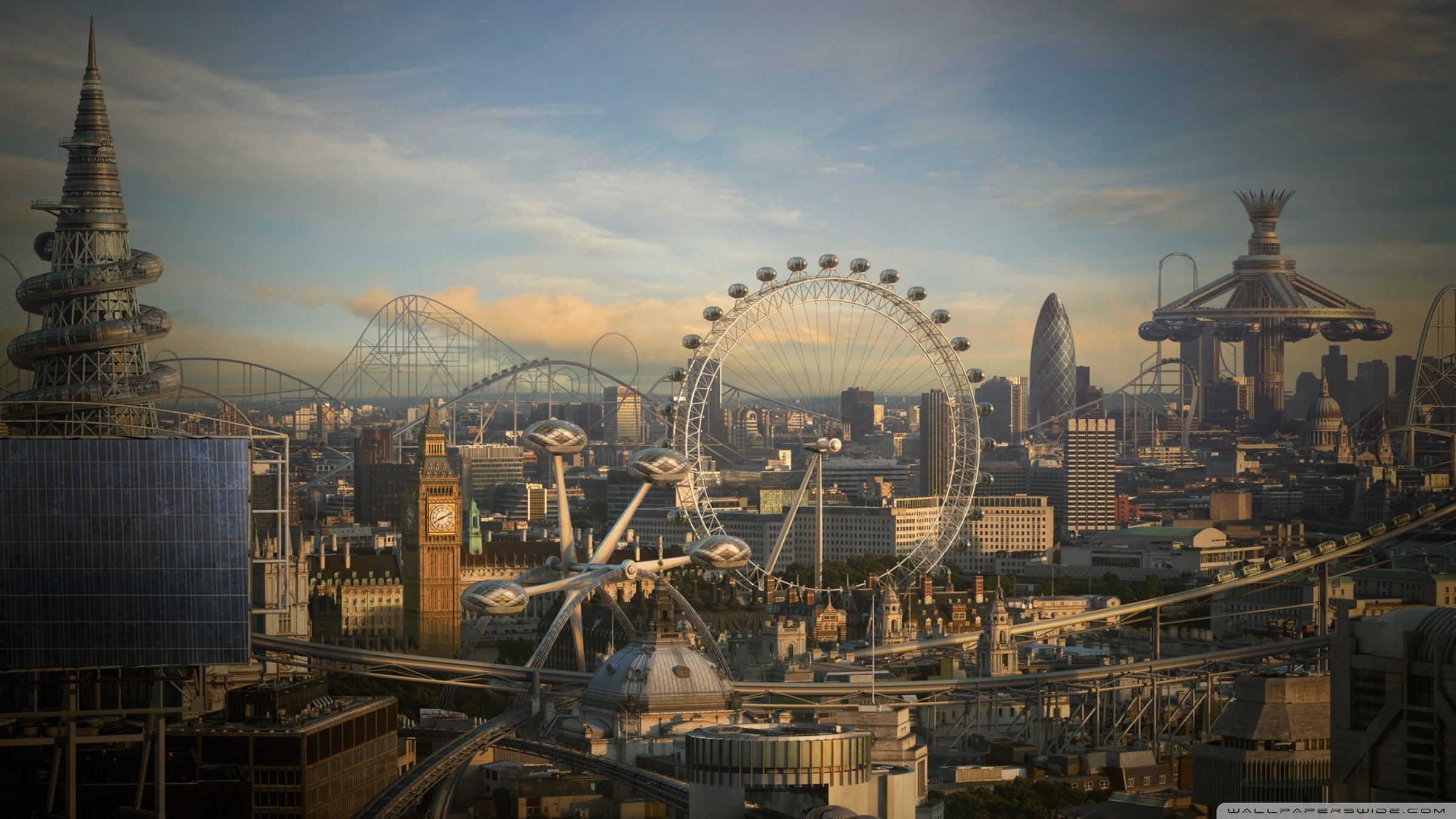 Londra, Big Ben, London Eye, Montagne russe, Città futuristica, Full HD, sfondo per PC e portatile