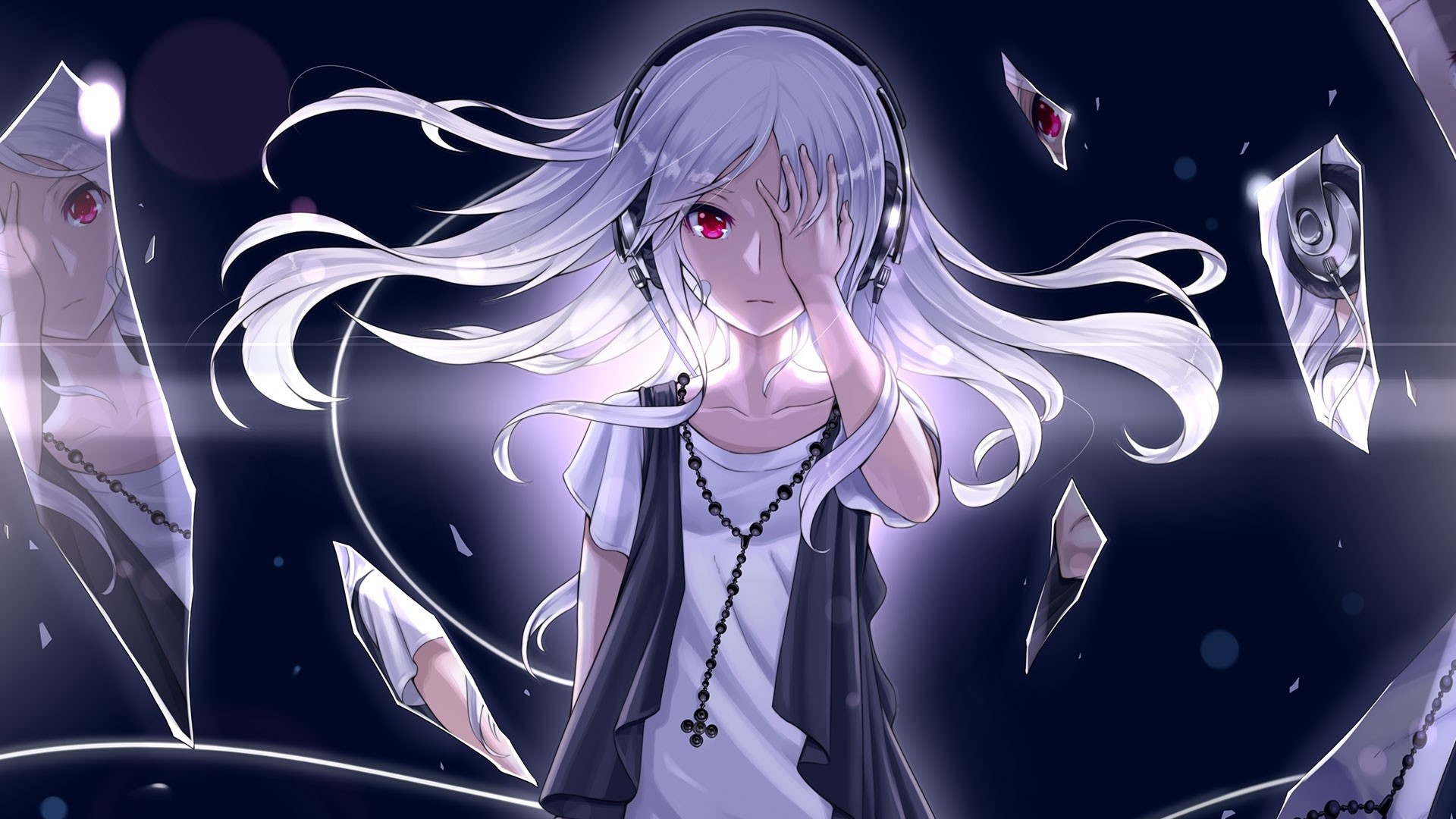 Ragazza anime, Capelli bianchi, Cuffie, Cristalli, 1920x1080, immagine di sfondo