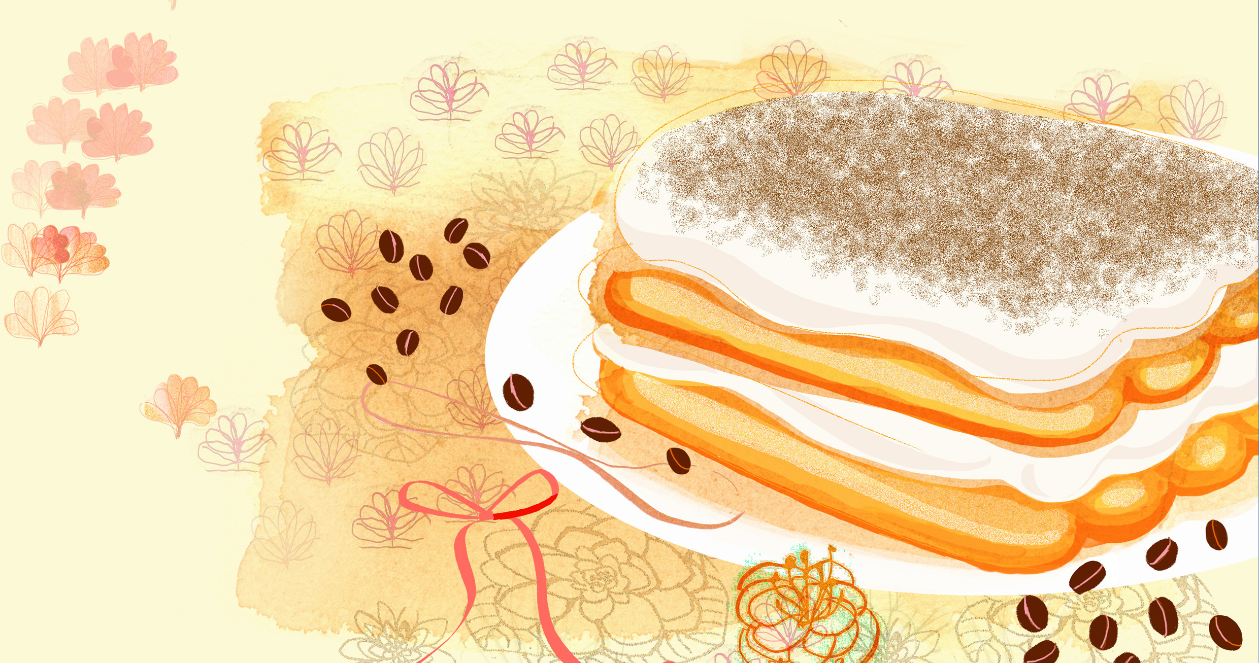 Tiramisù, Chicchi di caffè, Illustrazione, Dolce, Full HD, sfondo per portatile