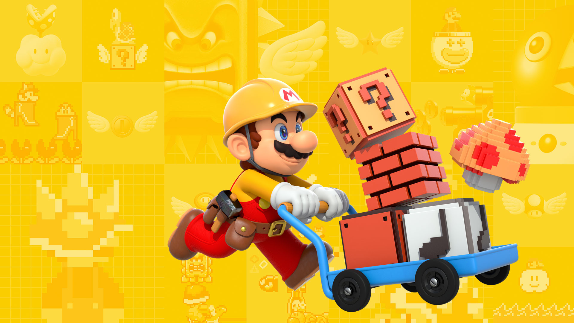 Super Mario Maker, Mario, Blocco ?, Sfondo giallo, Full HD, wallpaper per computer