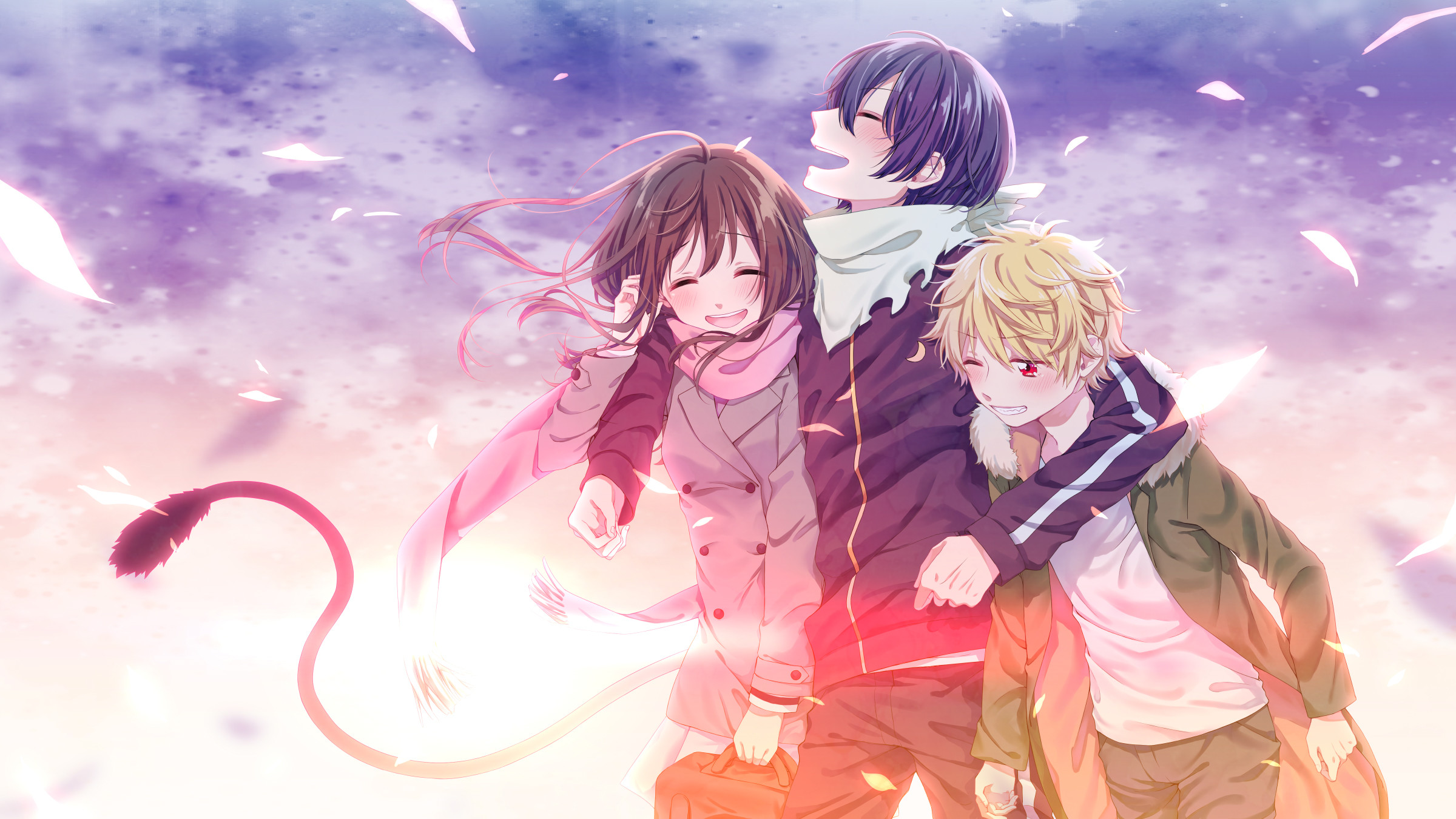 Yato, Hiyori Iki, Yukine, Noragami, Petali, Abbraccio, Full HD, sfondo desktop