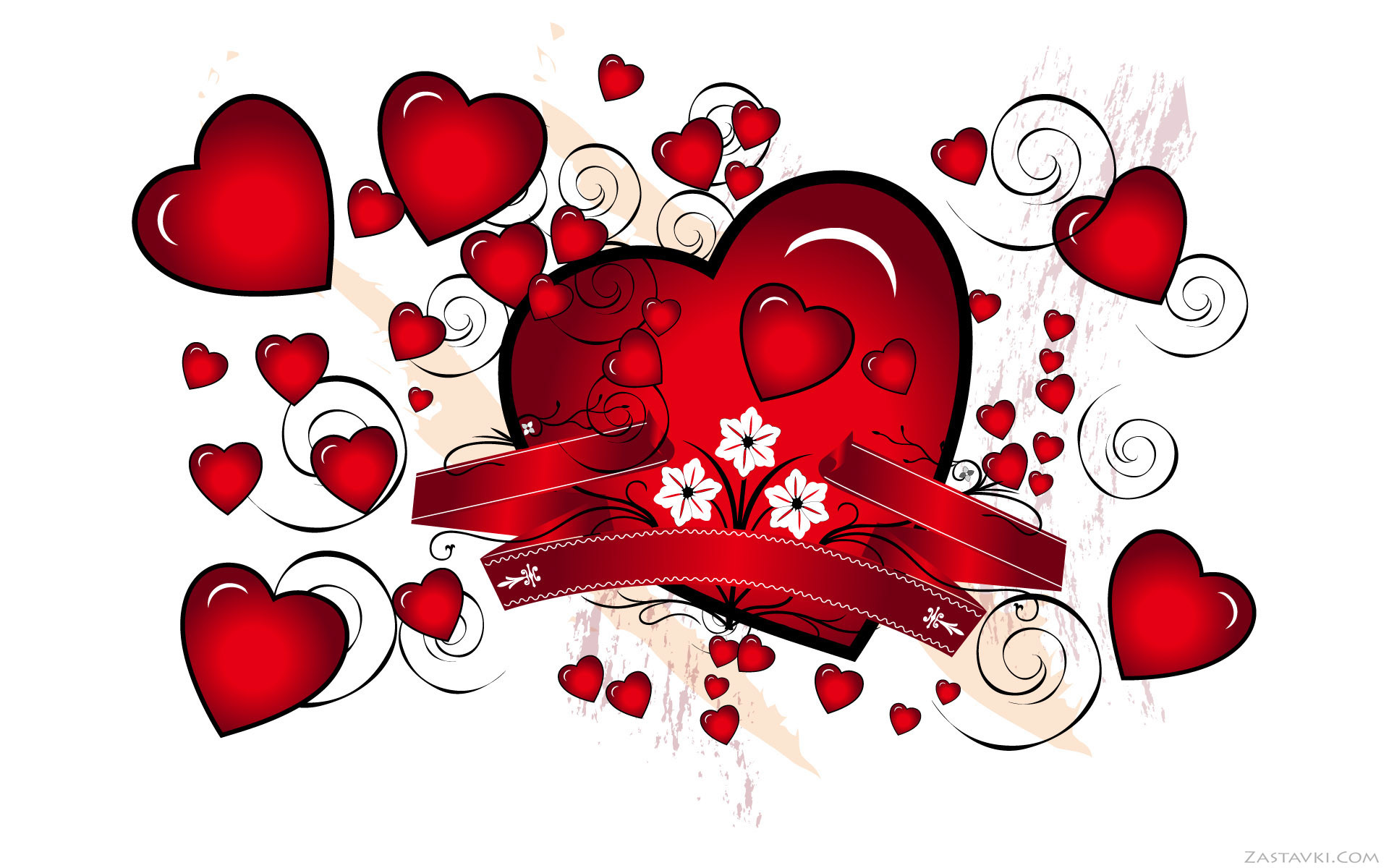 Cuori rossi, Nastro, Fiori, San Valentino, Illustrazione, 1920x1200, immagine di sfondo