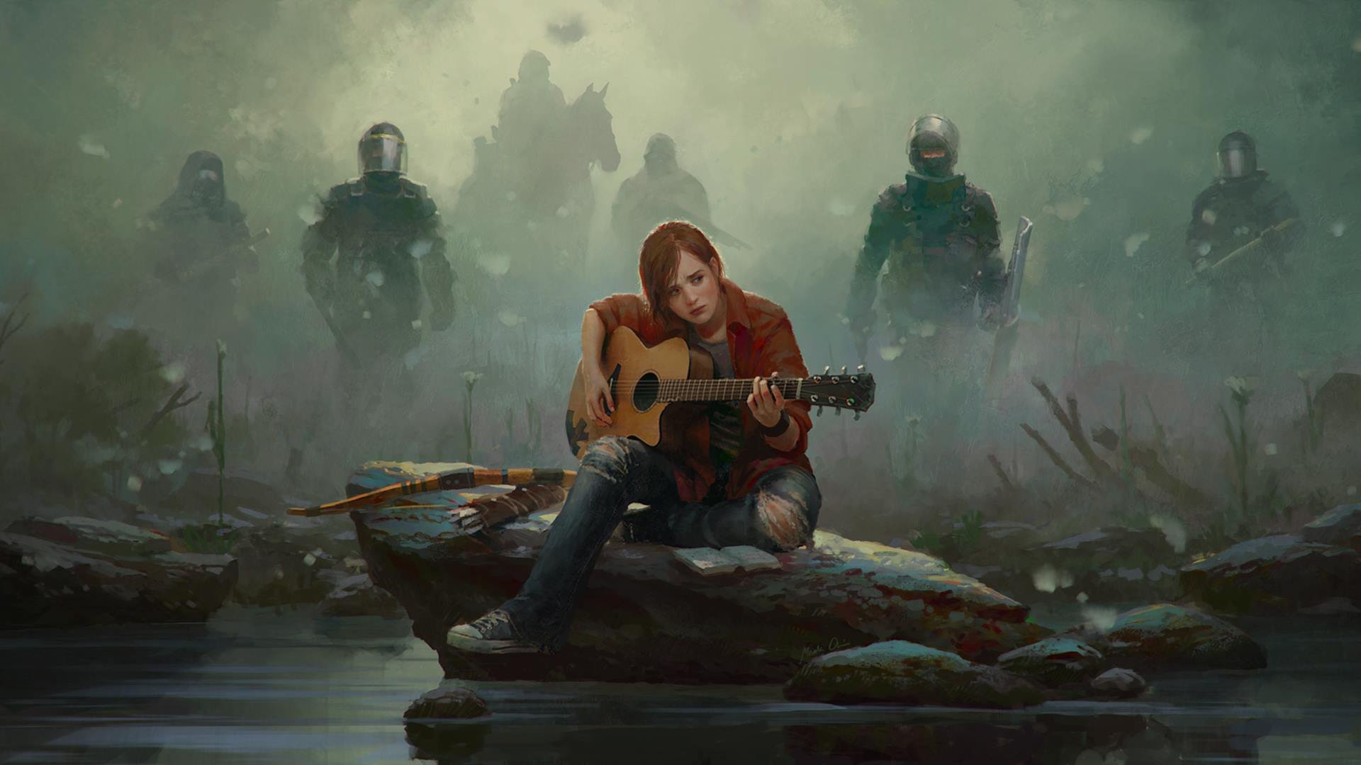 The Last of Us, Ellie, Chitarra, Soldati, Nebbia, 1920x1080, immagine di sfondo