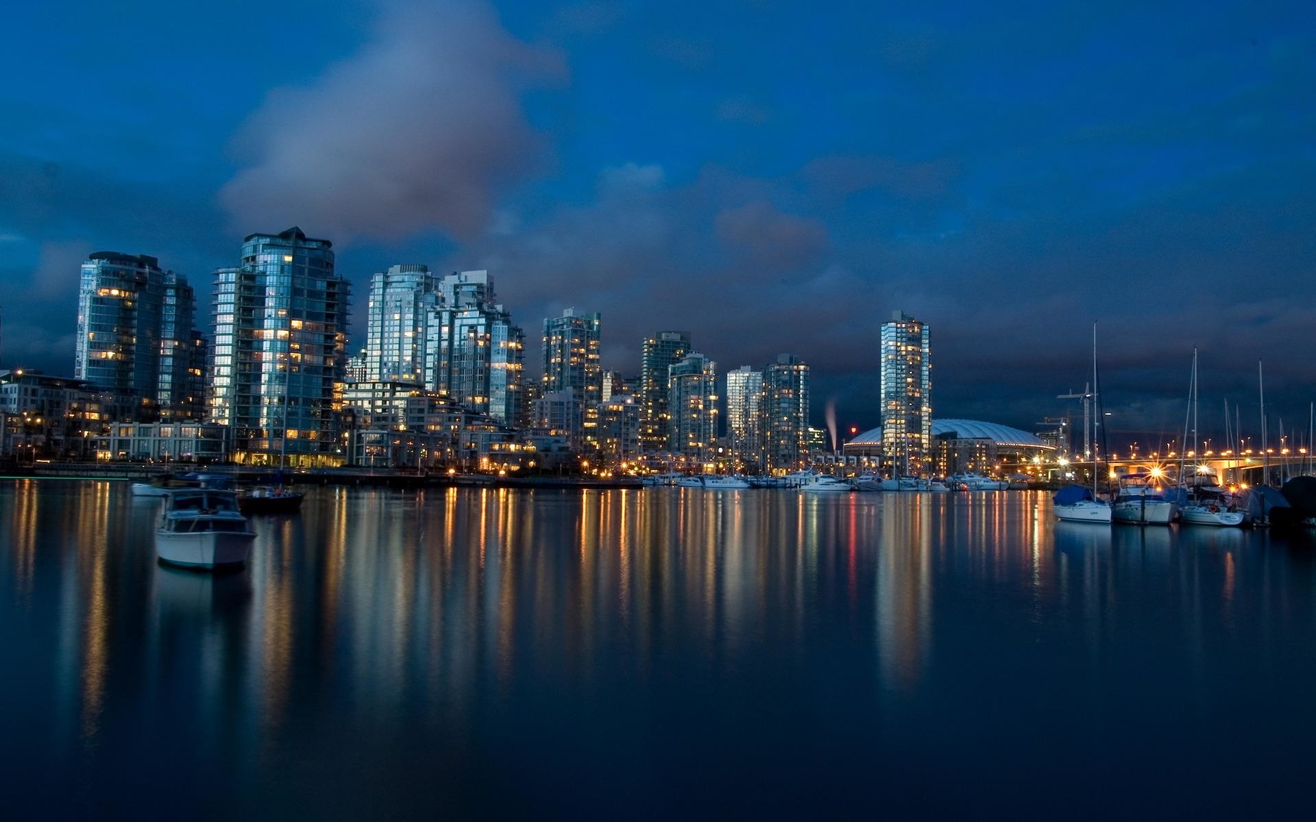 Vancouver, Canada, Skyline, Notte, Riflesso, 1920x1200, wallpaper desktop