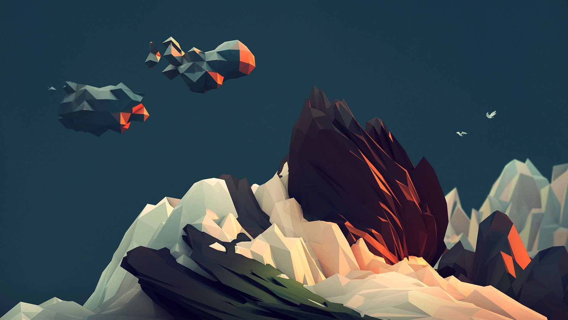 Low poly, Montagne, Isole fluttuanti, Verde acqua, immagine di sfondo Android