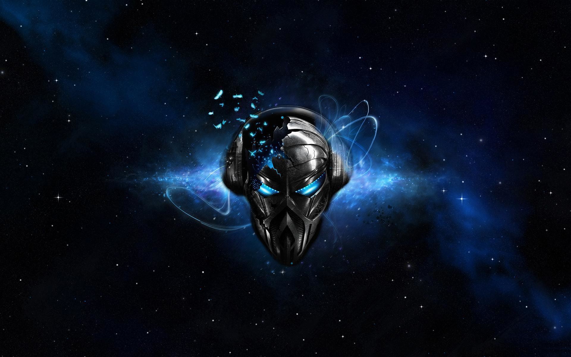 Teschio robotico, Cuffie, Spazio, Blu, Arte digitale, 16:10 Full HD, sfondo widescreen