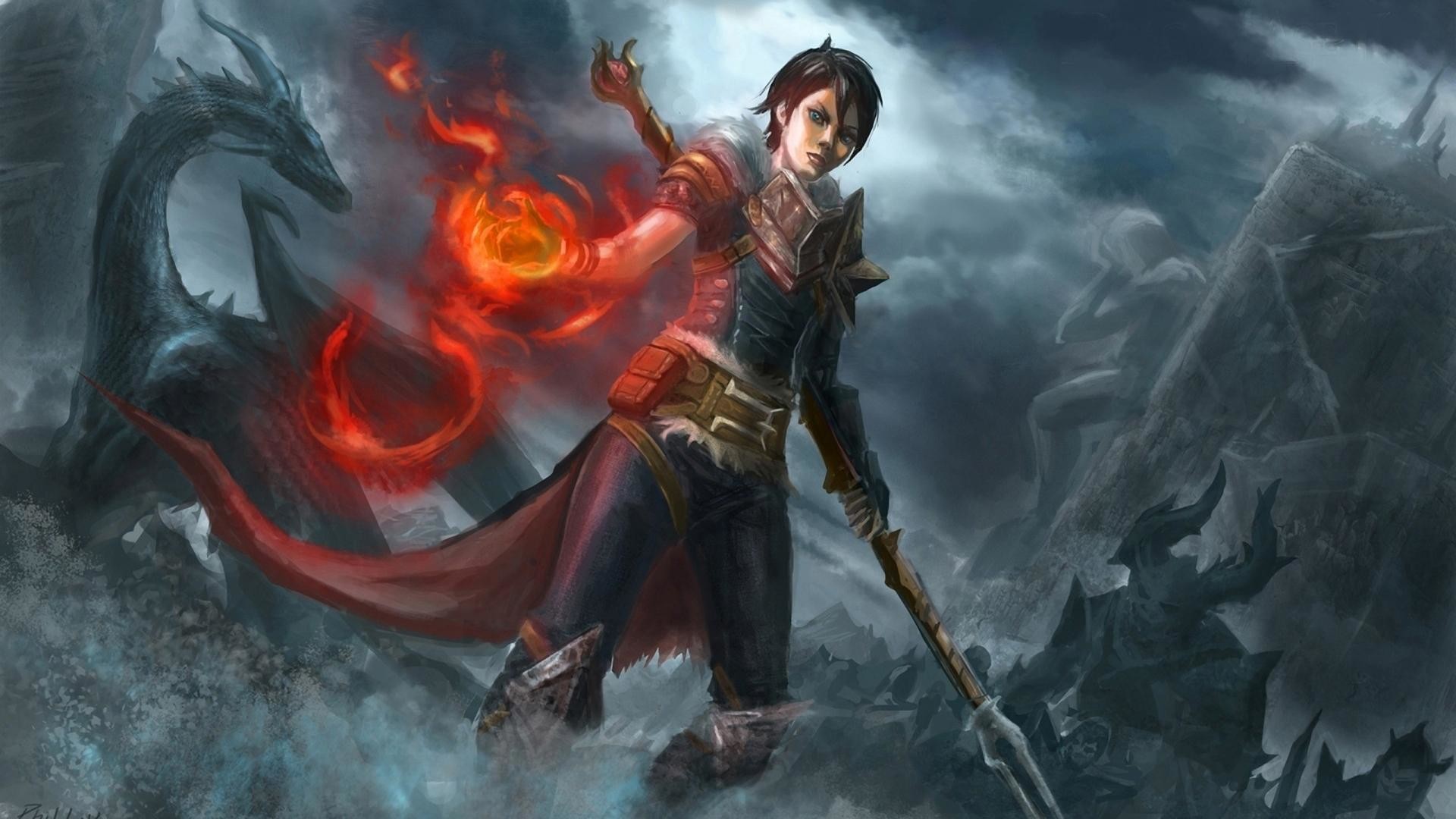 Hawke, Dragon Age II, Mago, Magia di fuoco, Drago, 1920x1080, sfondo per PC