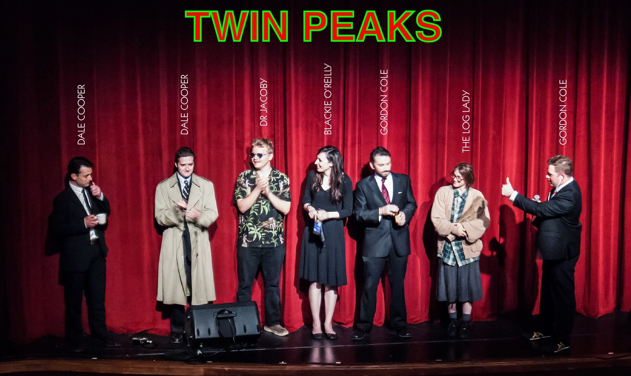 Twin Peaks, Cosplay, Dale Cooper, Log Lady, Gordon Cole, Palco, Tende rosse, wallpaper desktop