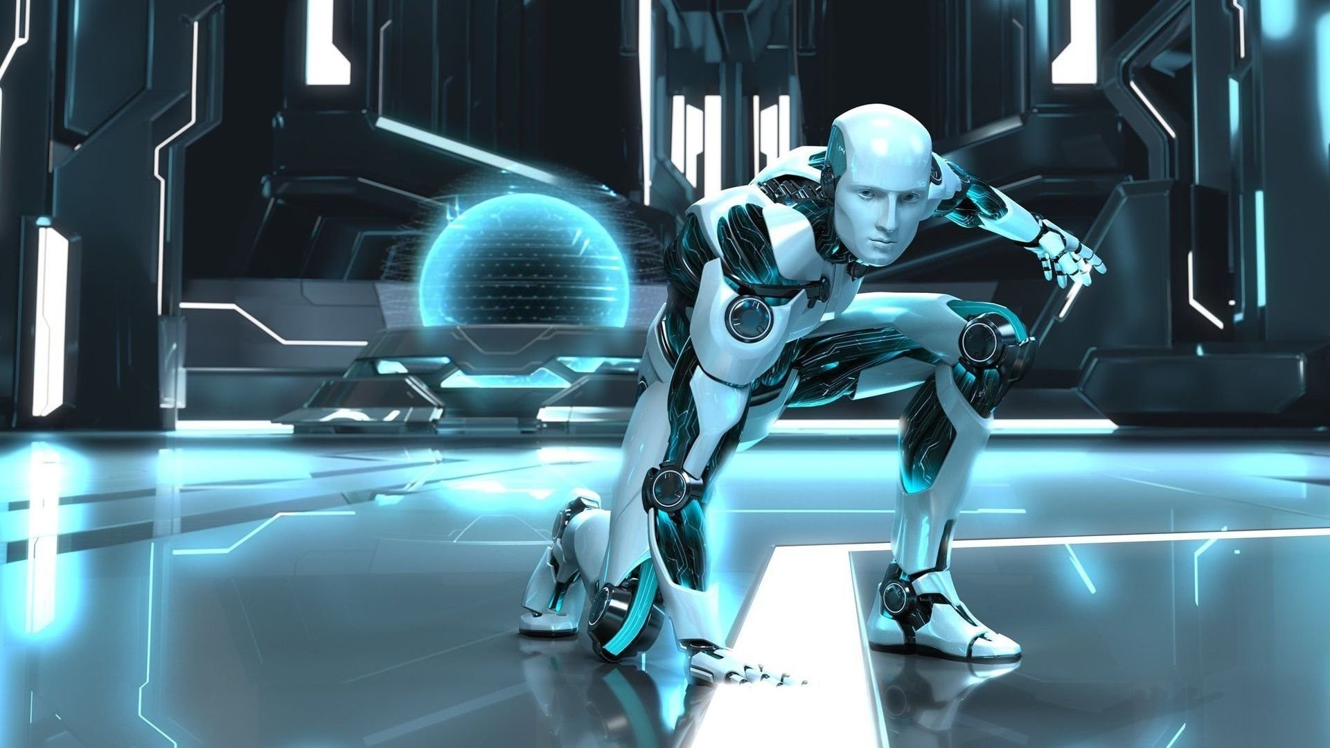 Robot umanoide, Fantascienza, Rendering 3D, Turchese, Full HD, sfondo per portatile