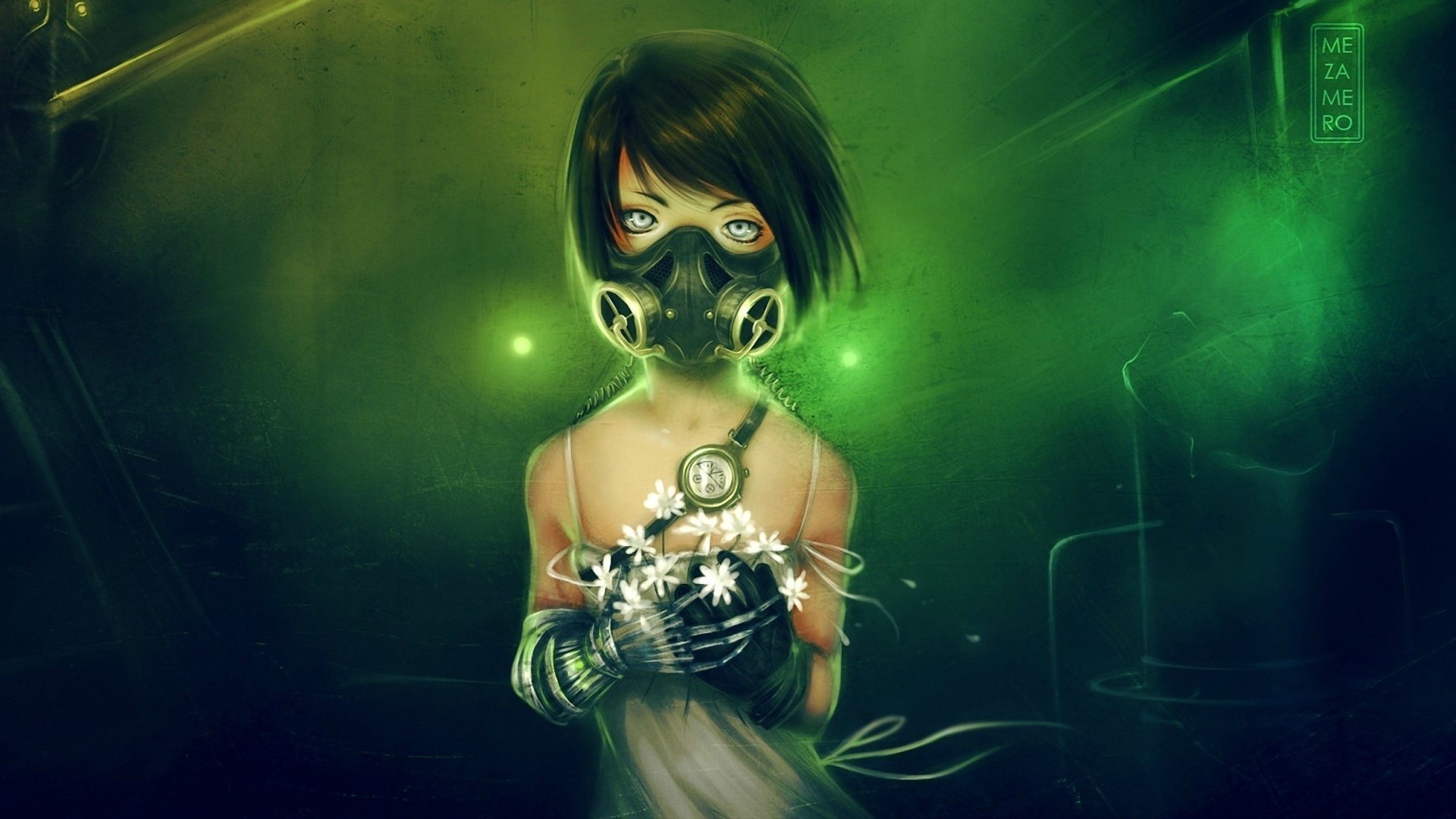 Ragazza anime, Maschera antigas, Luce verde, 1920x1080, wallpaper desktop