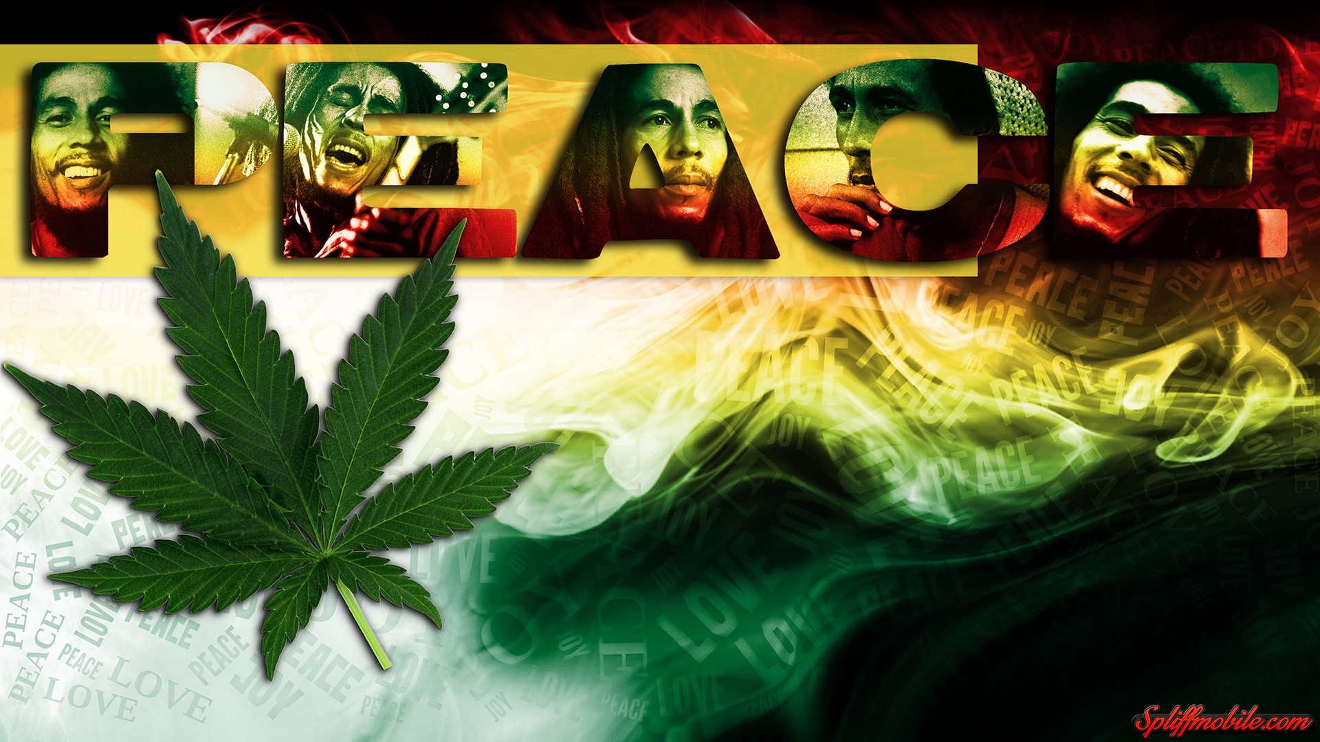 Bob Marley, Peace, Foglia di cannabis, Collage, 16:9 Full HD, sfondo widescreen