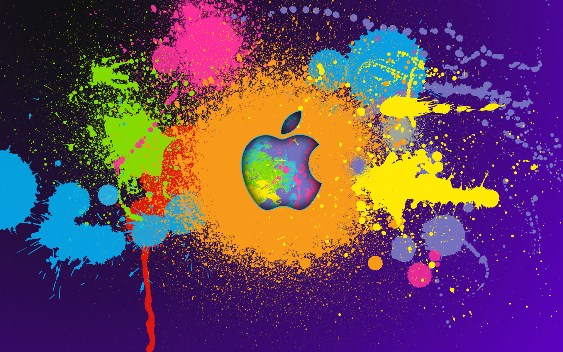 Logo Apple, Schizzi di vernice, Colori vivaci, Sfondo viola, wallpaper iPad