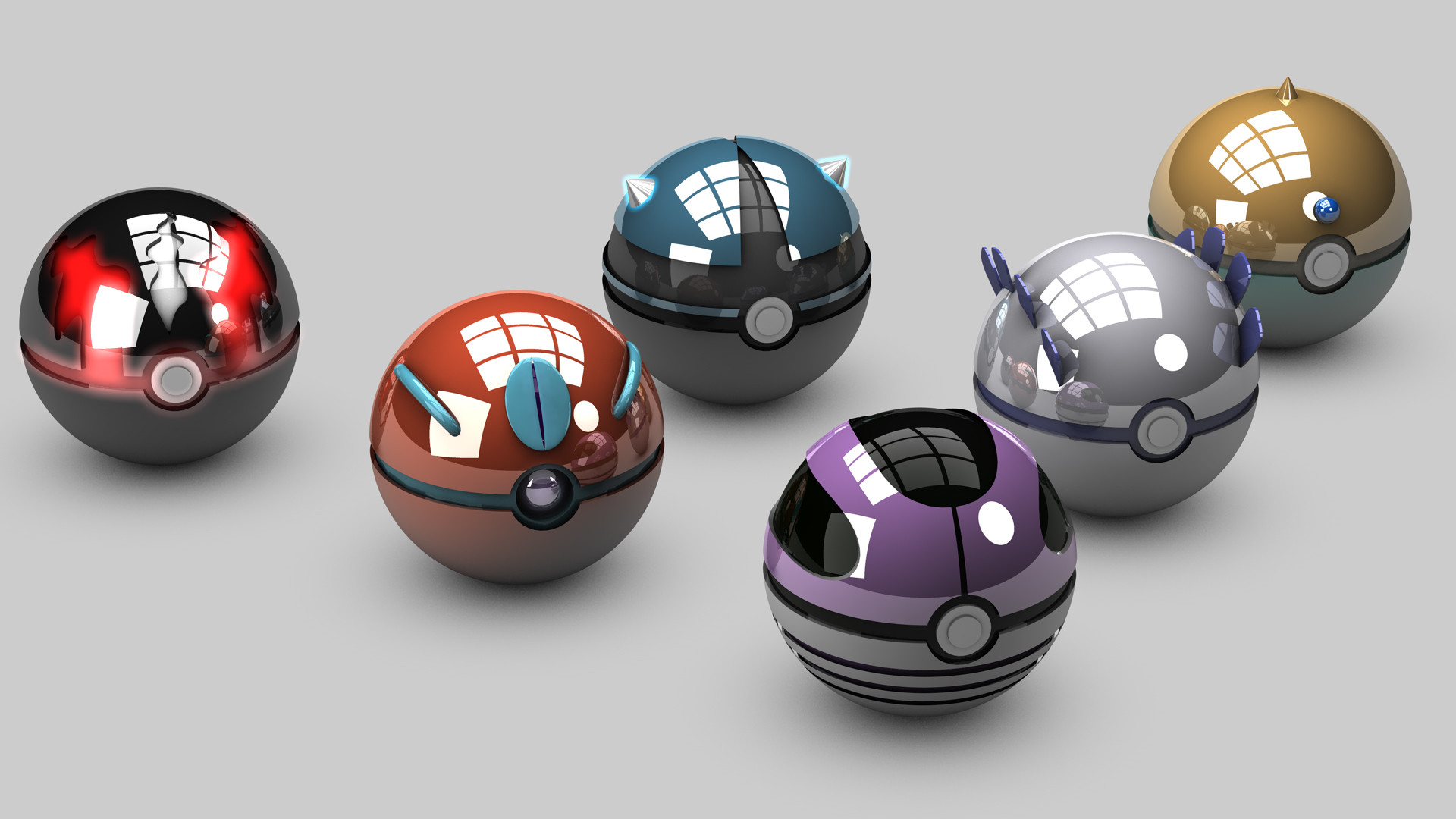 Poké Ball, Pokémon, 3D, Collezione, Sfondo grigio, Full HD, wallpaper per computer