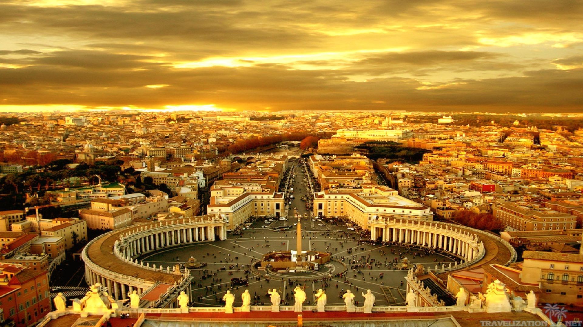 Piazza San Pietro, Città del Vaticano, Roma, Cielo dorato, Full HD 1080p, sfondo desktop