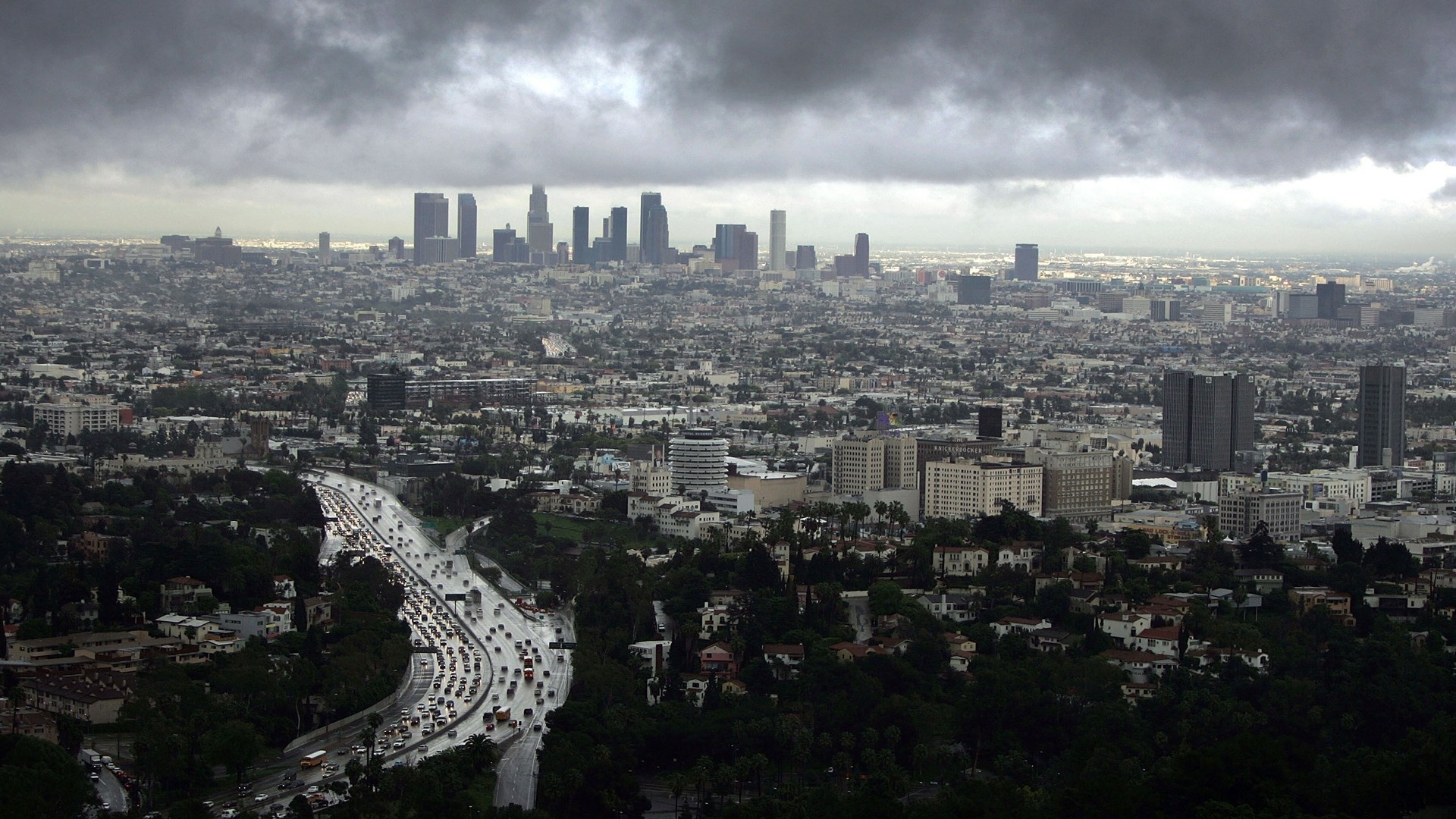 Downtown Los Angeles, Hollywood Freeway, Cielo nuvoloso, Panorama, sfondo Full HD per computer