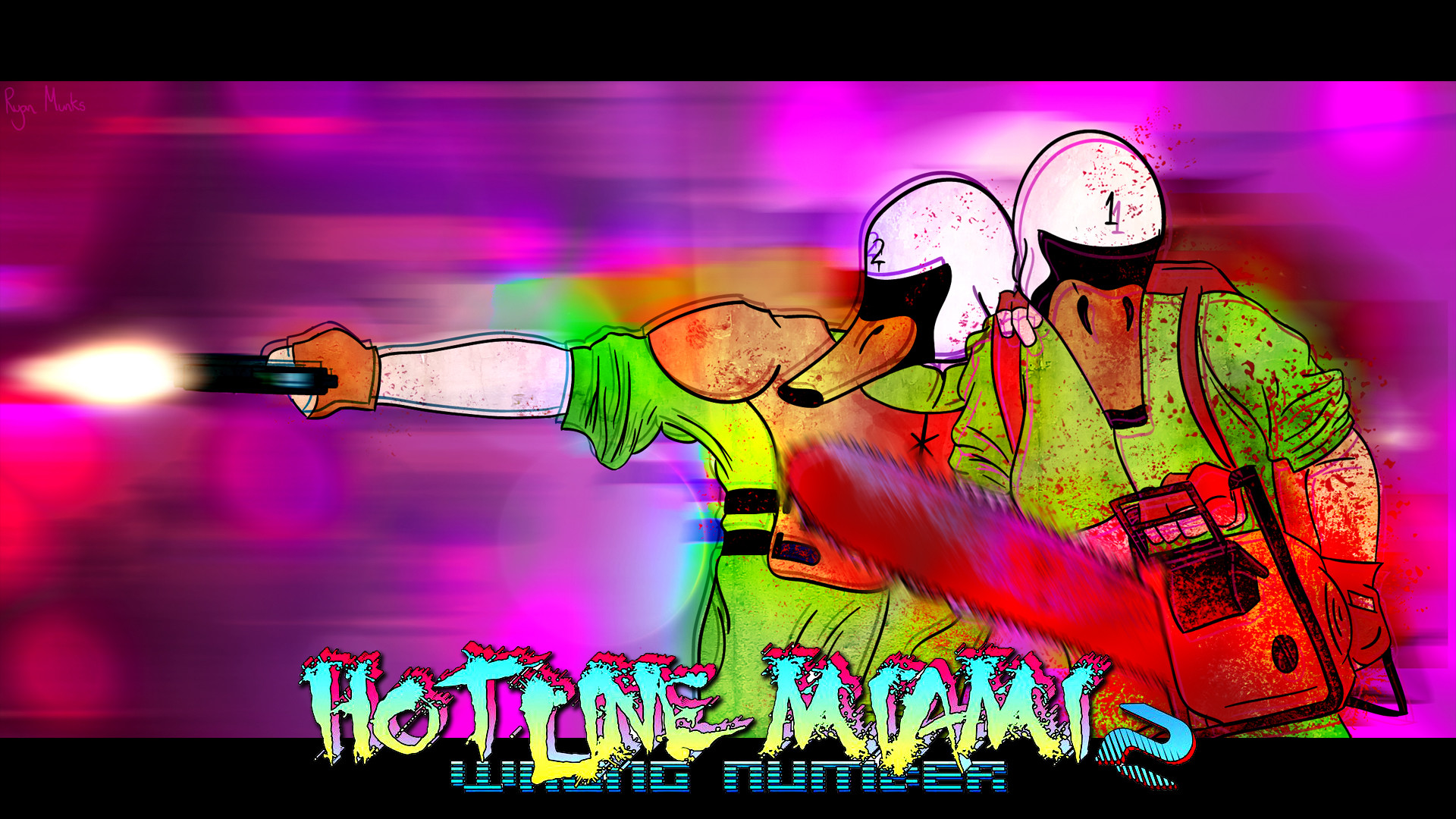 Hotline Miami 2: Wrong Number, Logo, Maschere, Sparo, Colori acidi, sfondo desktop 1920x1080