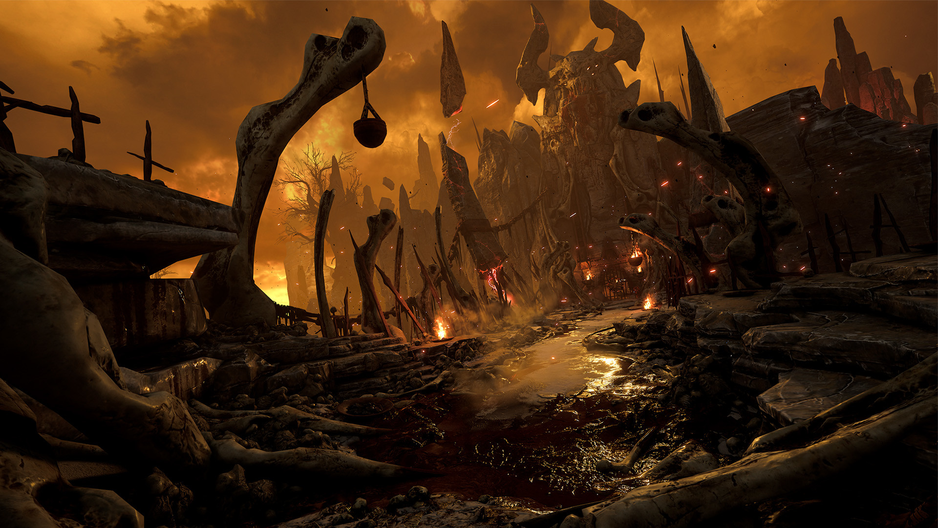 Doom, Inferno, Paesaggio infernale, Ossa, Full HD, sfondo per portatile