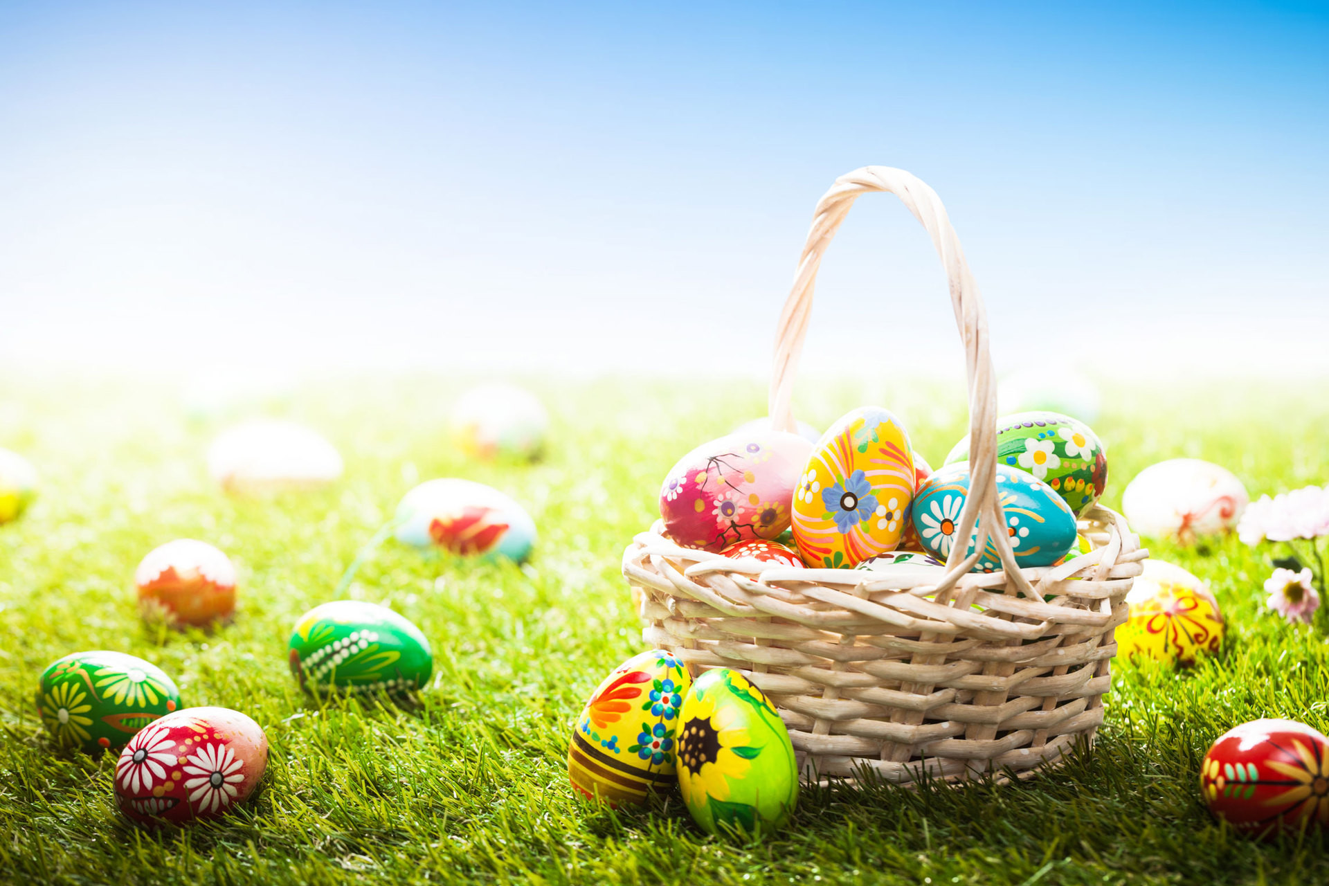 Cestino, Uova di Pasqua, Prato, Caccia alle uova, Full HD, sfondo per PC e portatile