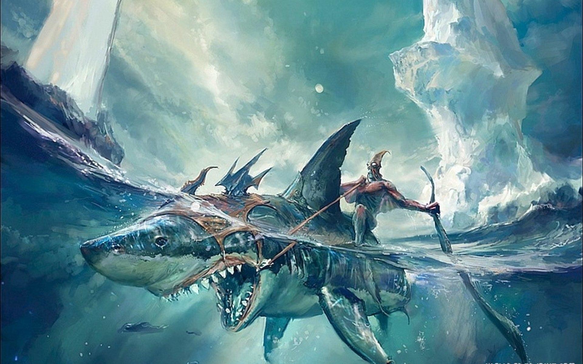 Squalo, Cavaliere, Mare in tempesta, Arte fantasy, 1920x1200, immagine di sfondo