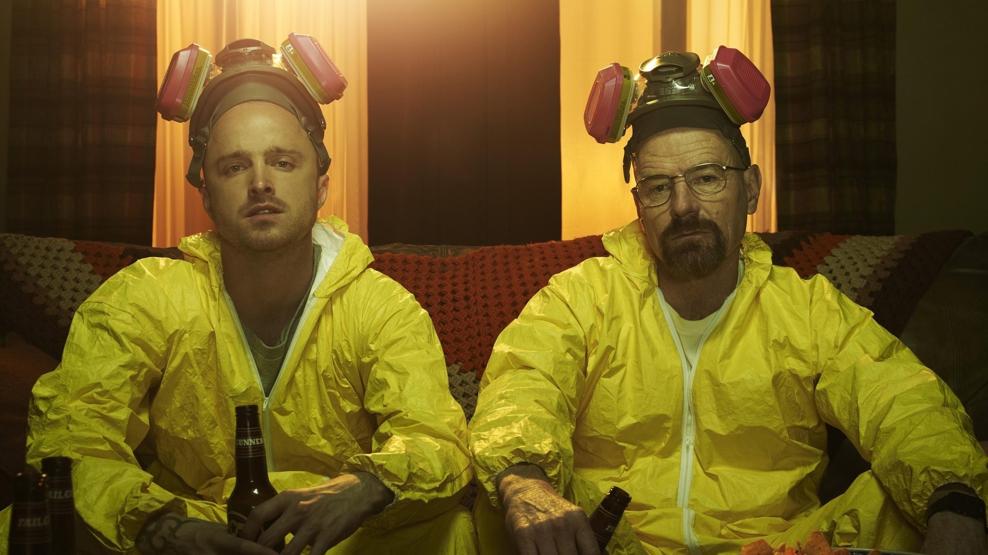 Walter White, Jesse Pinkman, Aaron Paul, Bryan Cranston, Breaking Bad, Maschere antigas, wallpaper Full HD