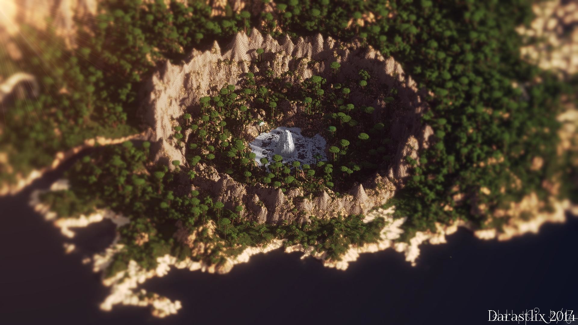 Minecraft, Cratere, Vista aerea, Foresta, 16:9 Full HD, wallpaper widescreen