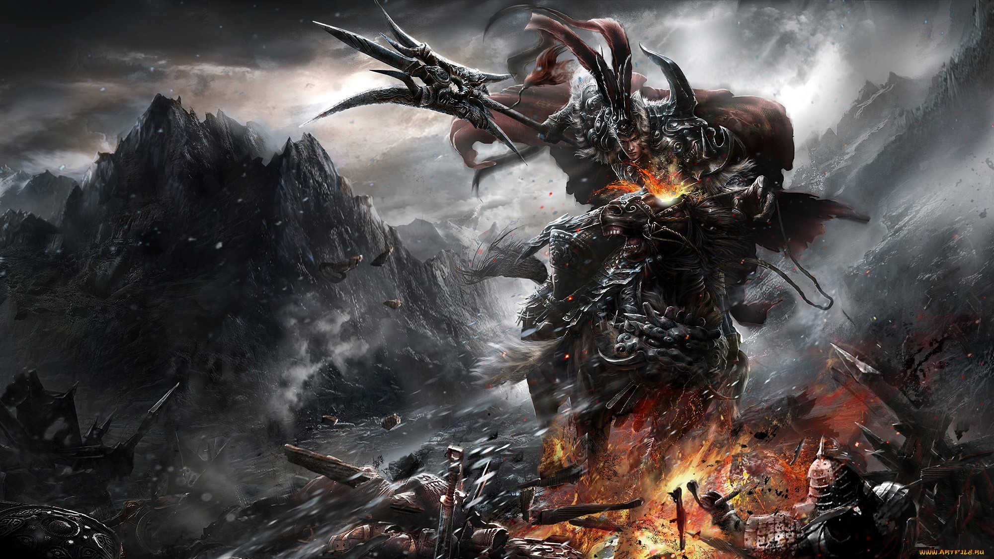 Guerriero demoniaco, Armatura, Fuoco, Montagne, Dark fantasy, Full HD, sfondo per portatile