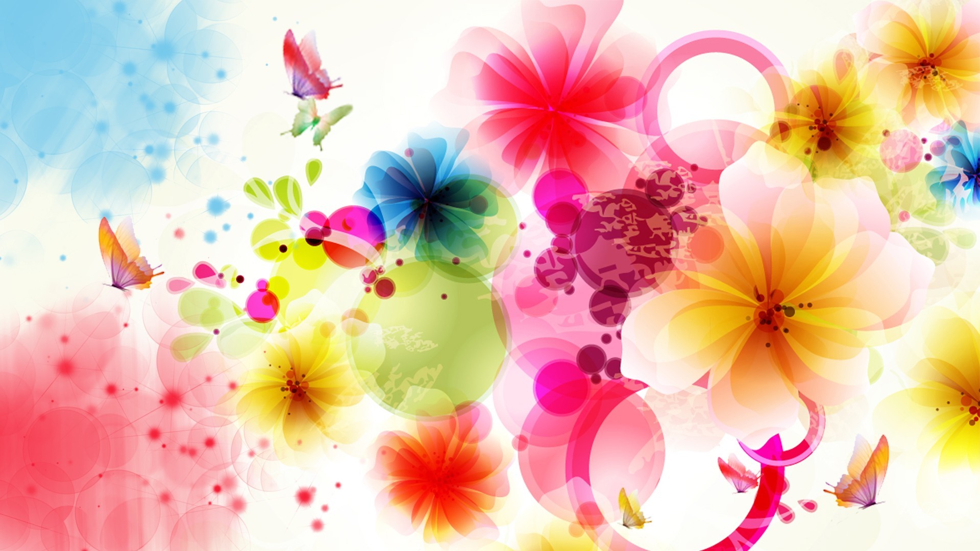 Fiori astratti, Farfalle, Colori vivaci, Arte digitale, Sfondo bianco, wallpaper per portatile